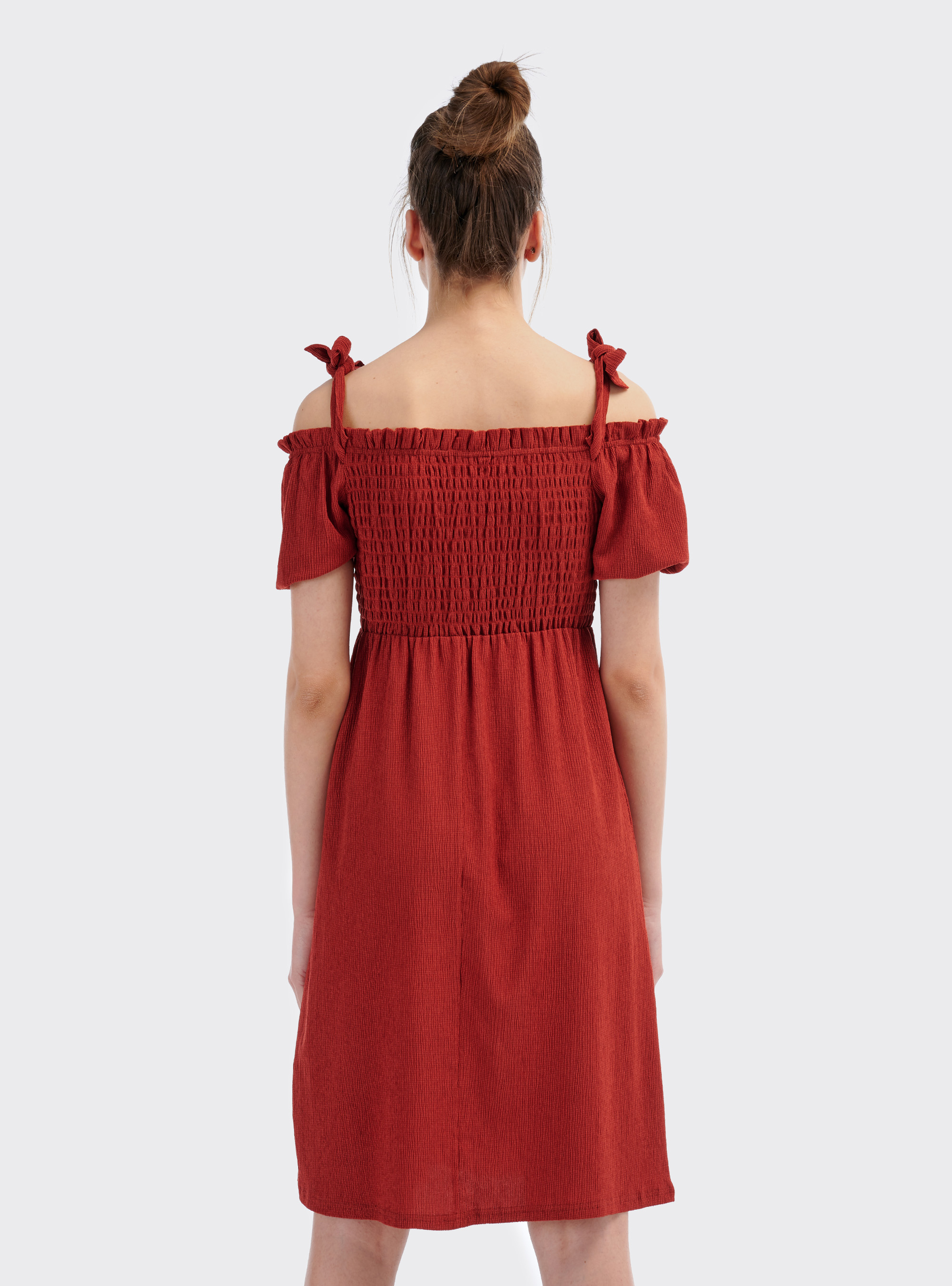 Vestito midi spalle scoperte e maniche corte a sbuffo, RUGGINE