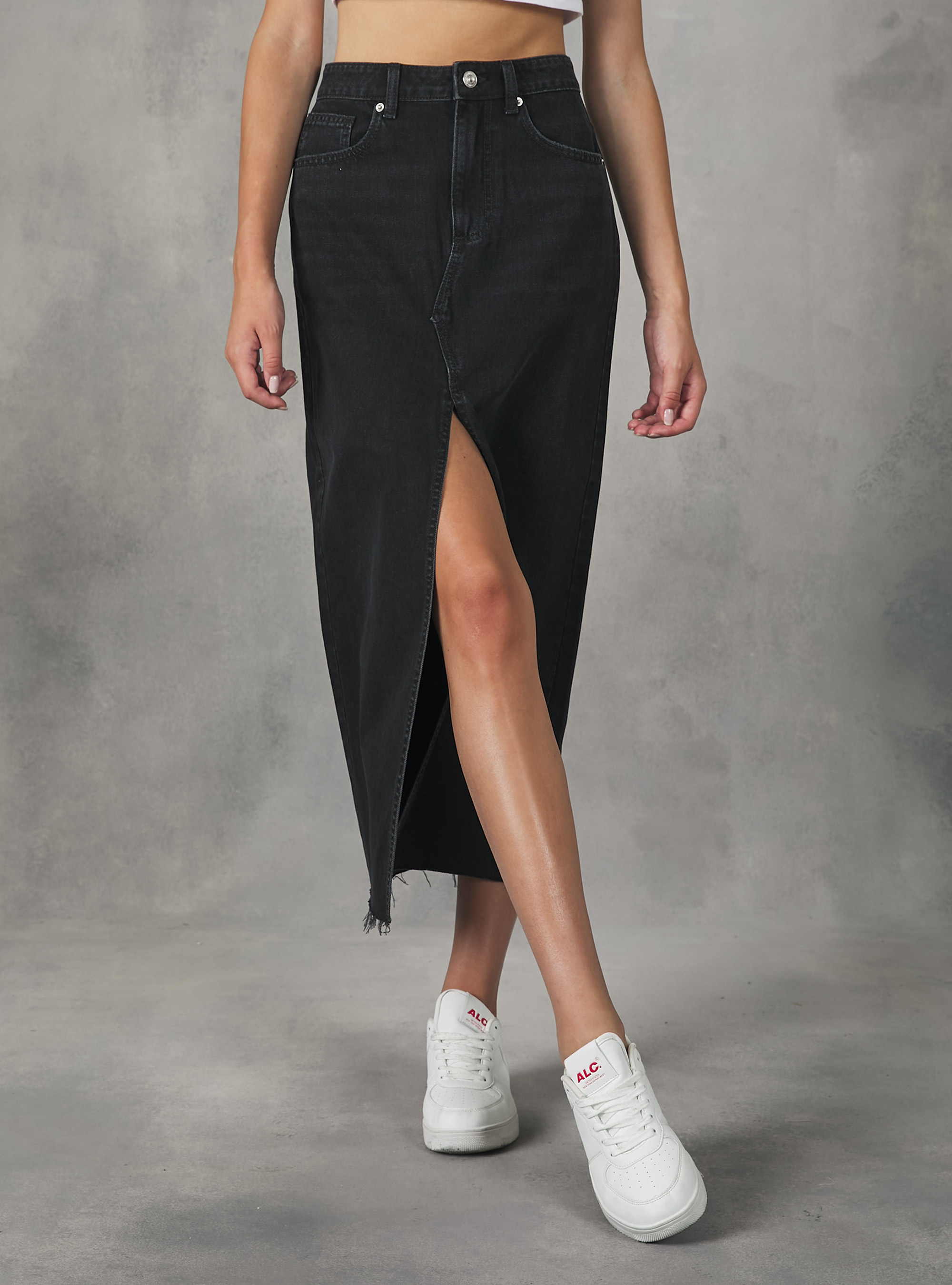 Denim long skirt, D000 BLACK