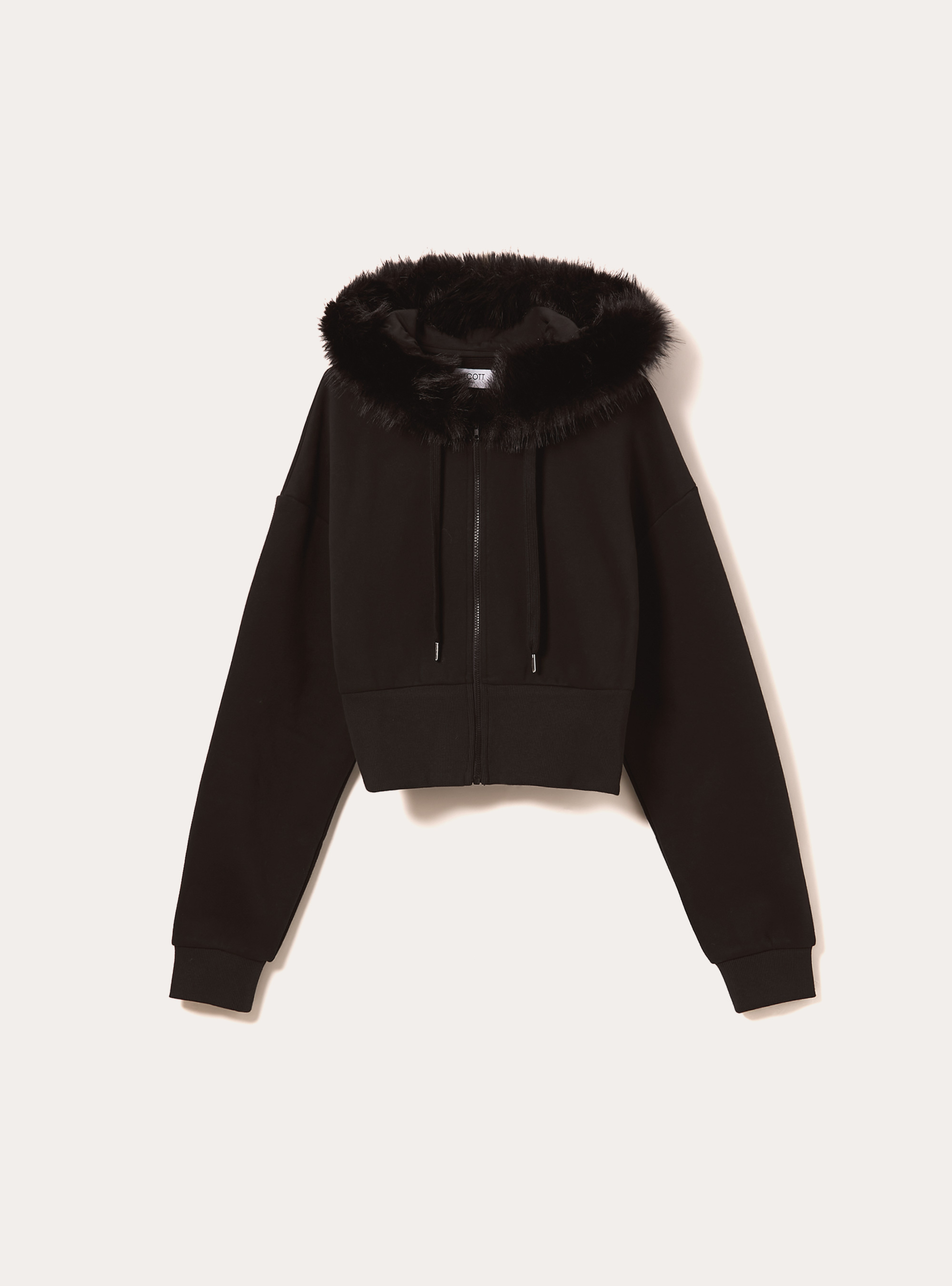 Sudadera corta con capucha de piel, BK1 BLACK