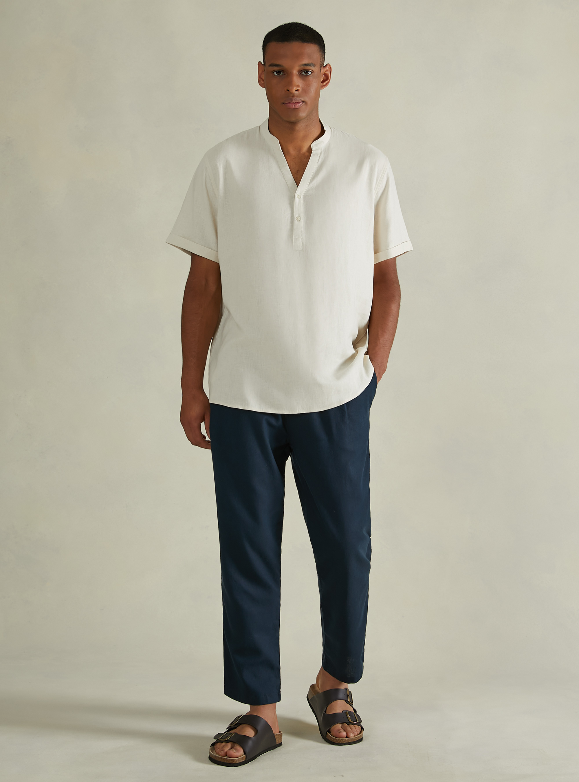 Linen-blend trousers with drawstring waist, NA2 NAVY MEDIUM