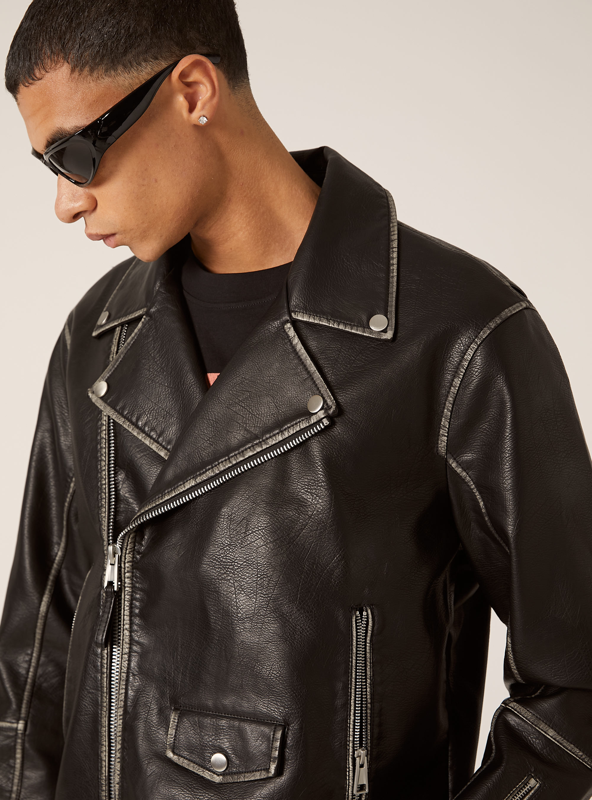 Vintage effect biker jacket, BK1 BLACK