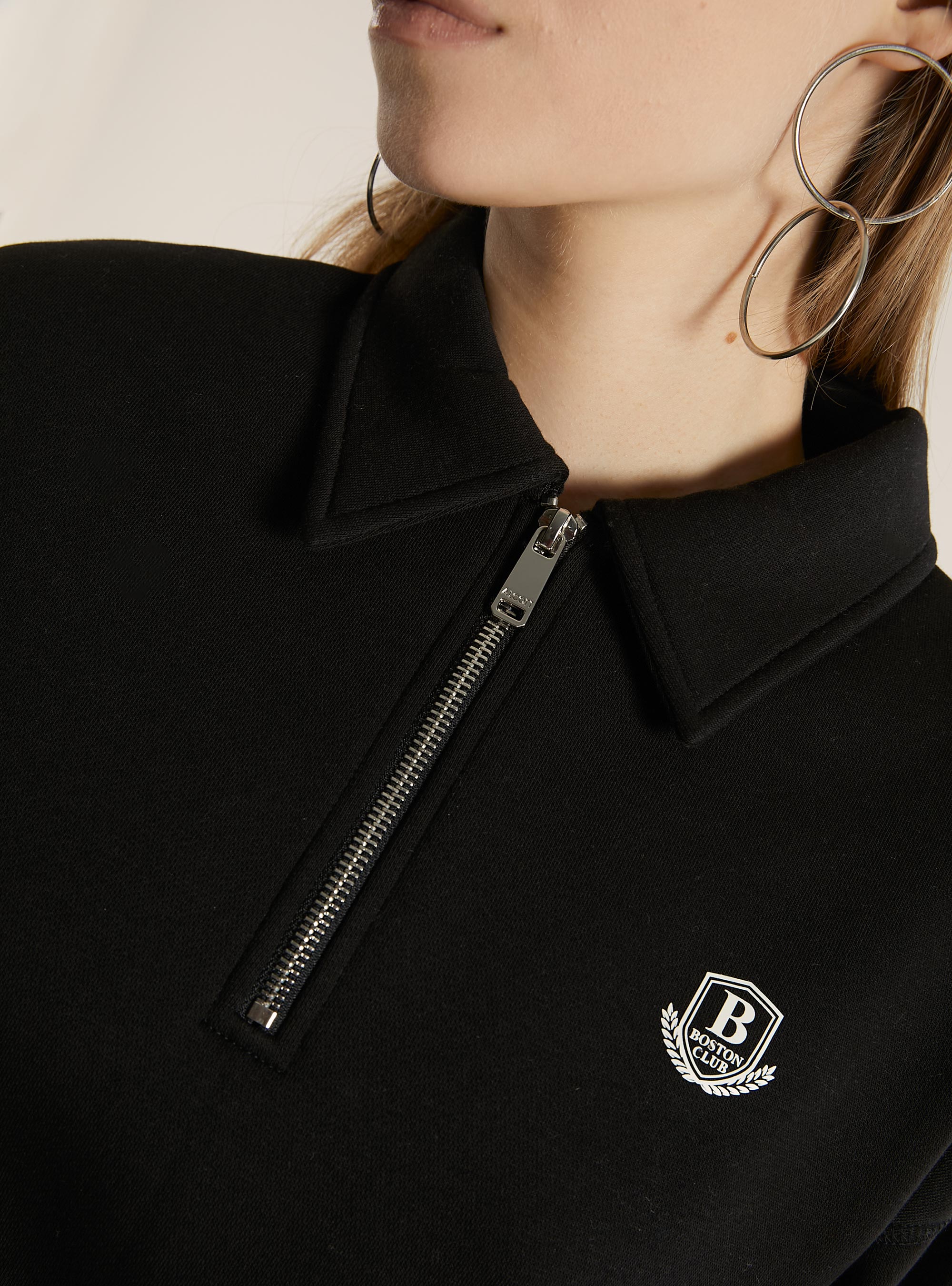 Cropped sweatshirt with polo neck and zip, BK1 BLACK