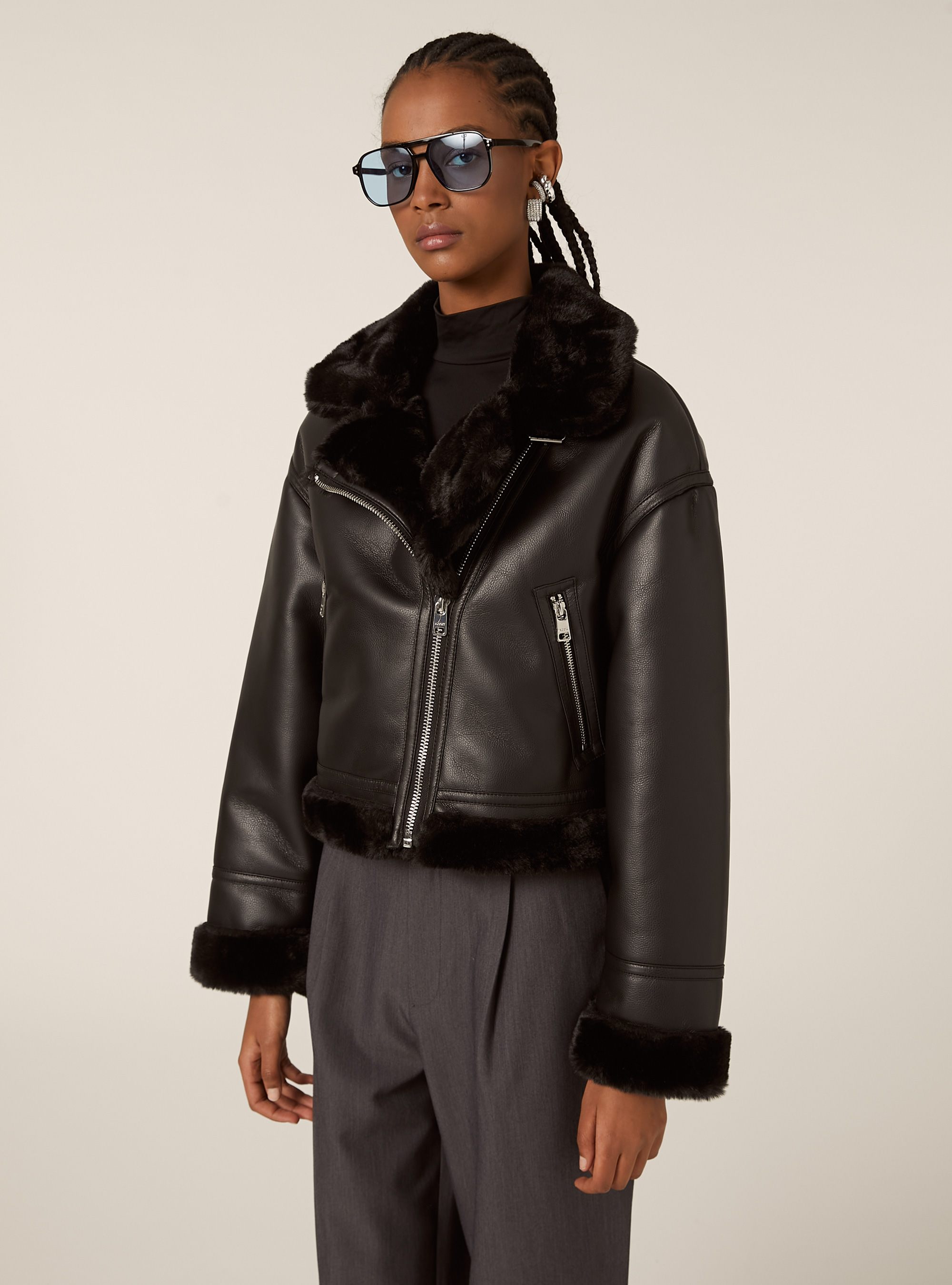 Giubbotto montone effetto pelle, BK1 BLACK