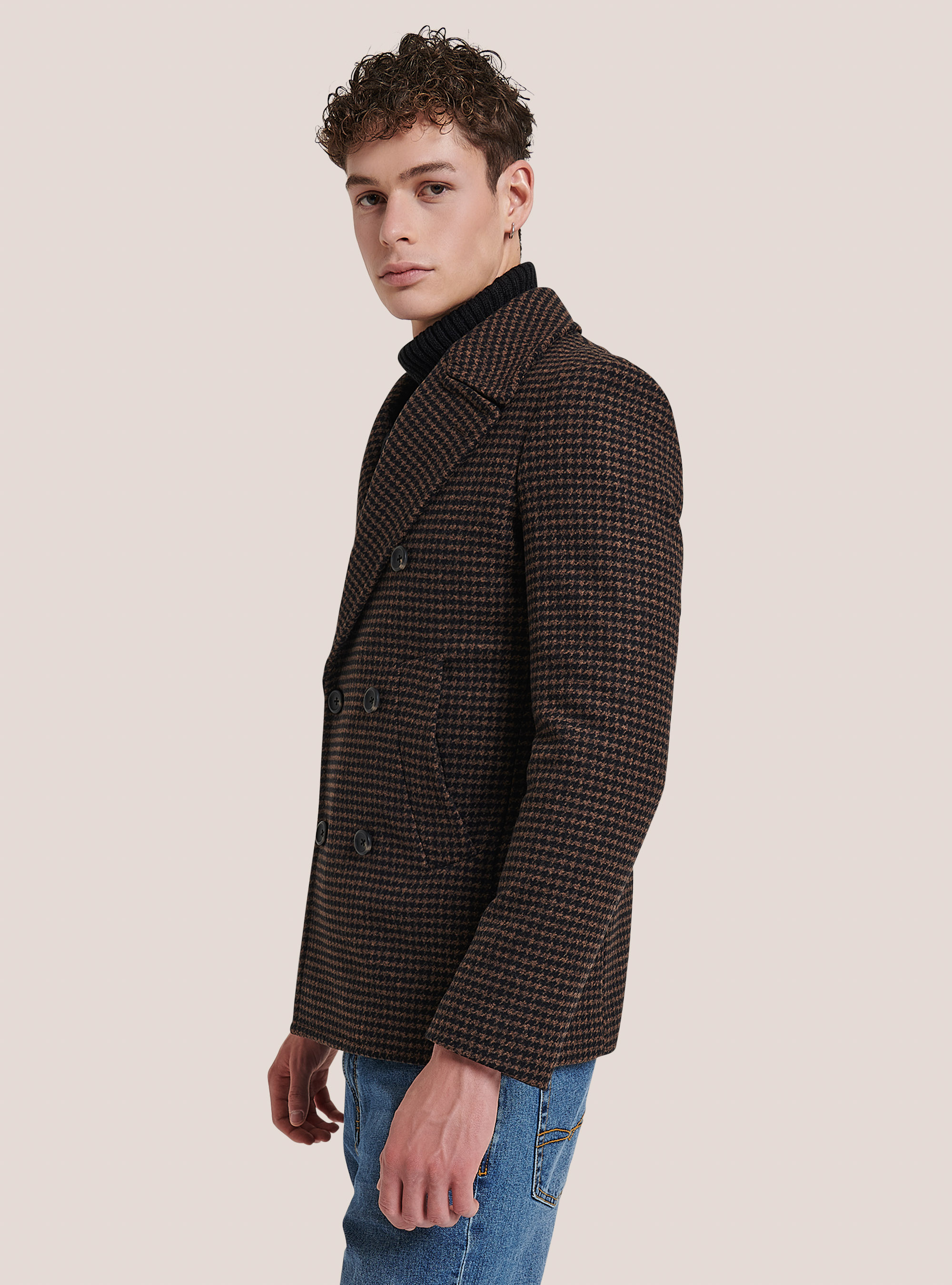 Houndstooth wool blend coat, BROWN