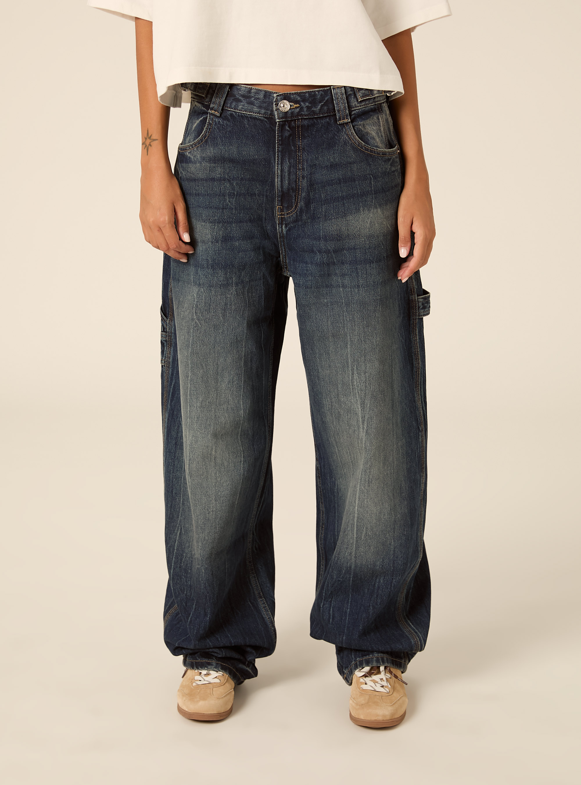 Jeans balloon carpenter con vita regolabile, D003 MEDIUM BLUE
