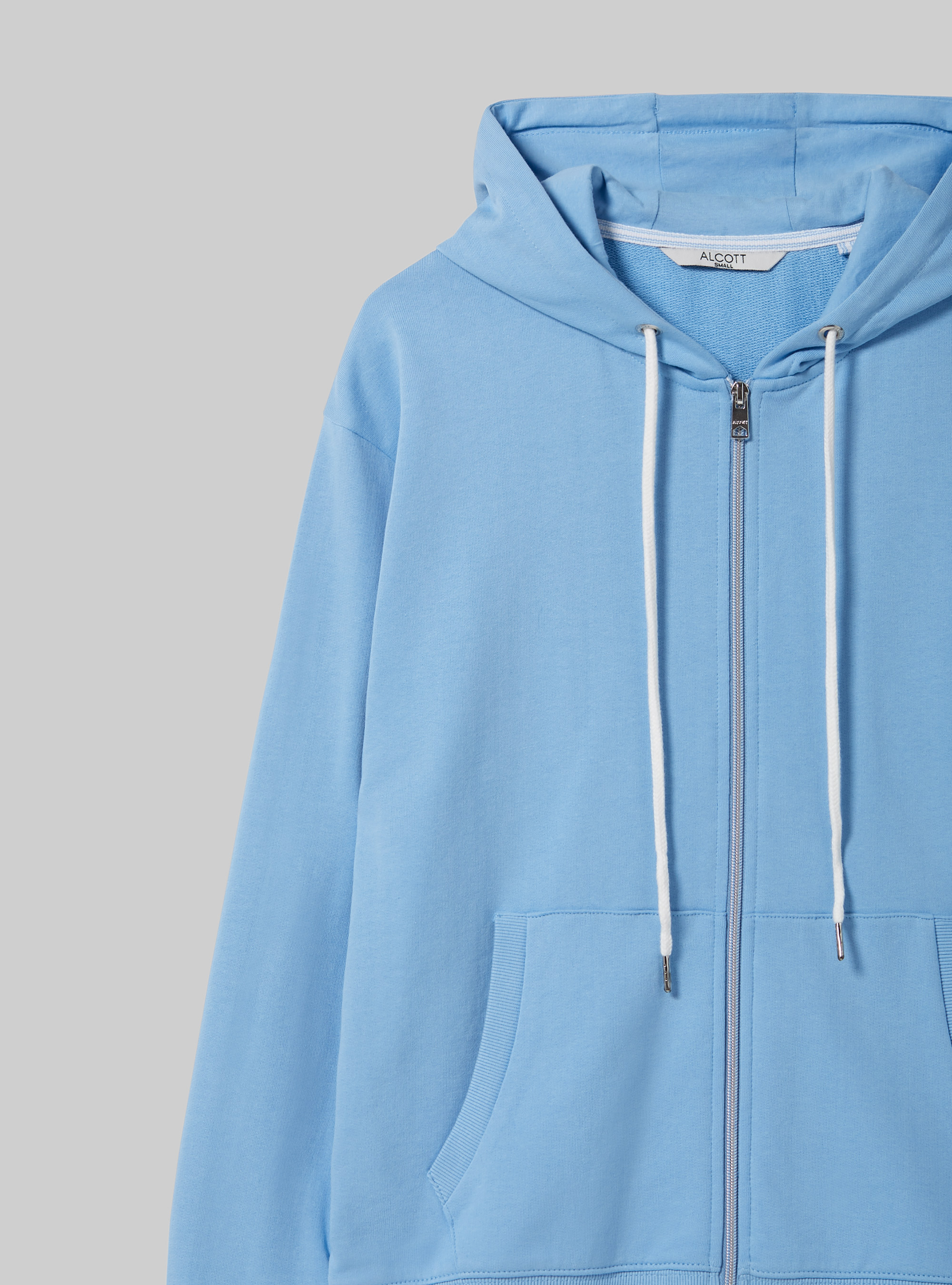 Felpa basic in cotone con zip e cappuccio, AZZURRO