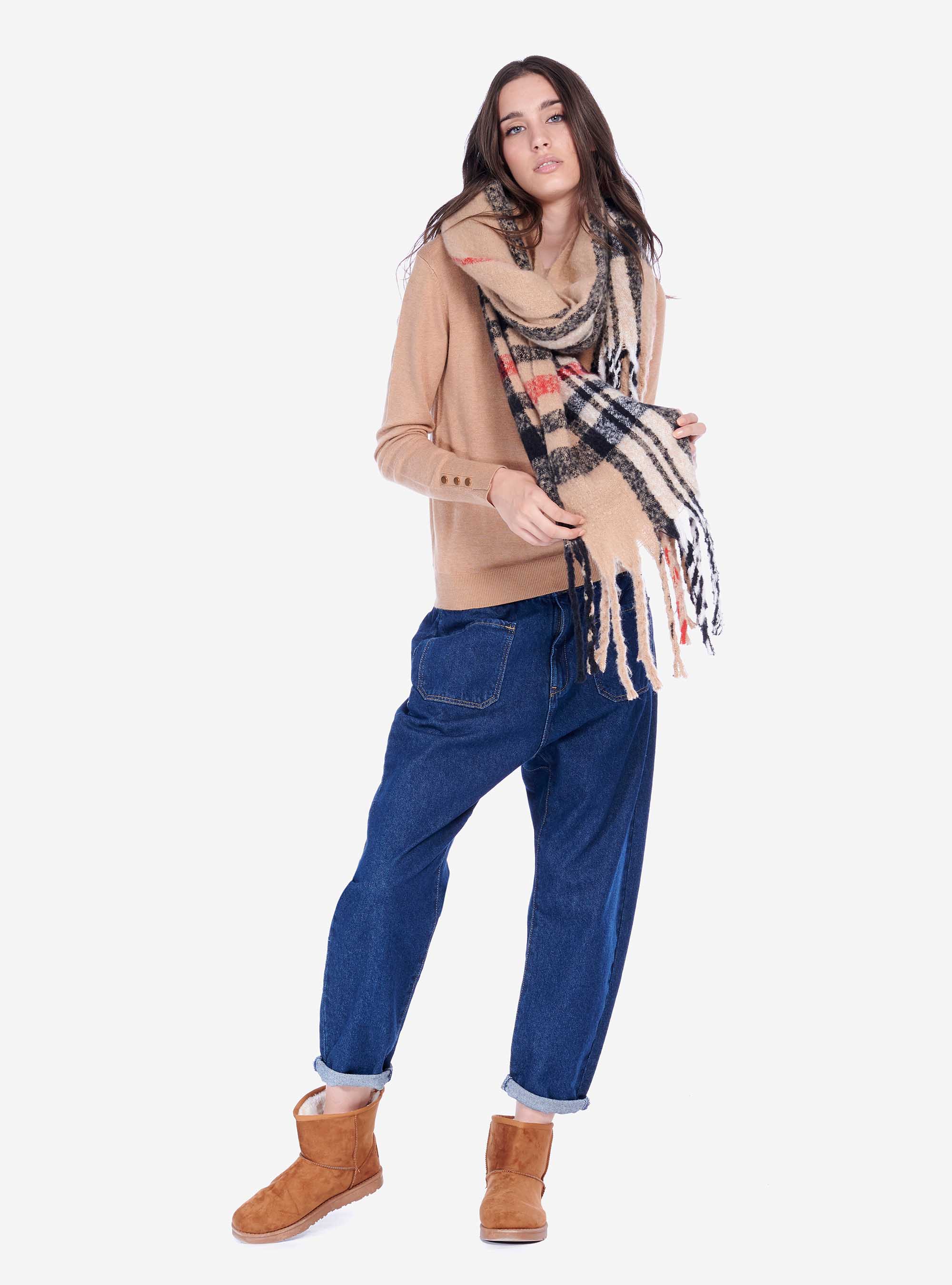 Pull oversize &agrave; col rond avec boutons aux poignets, C528 BROWN