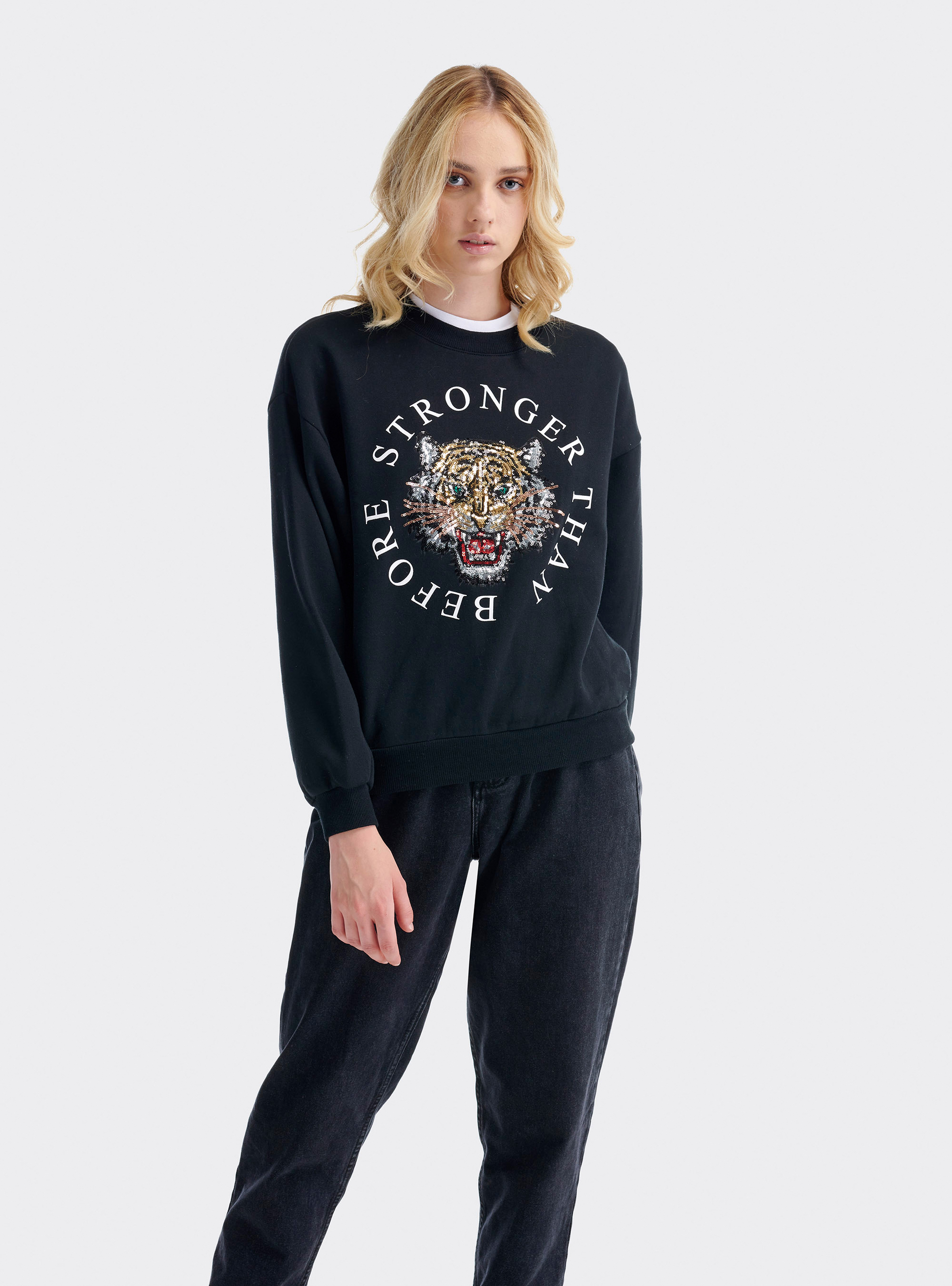Round neck sweatshirt with sequin applications and slogans, BLACK