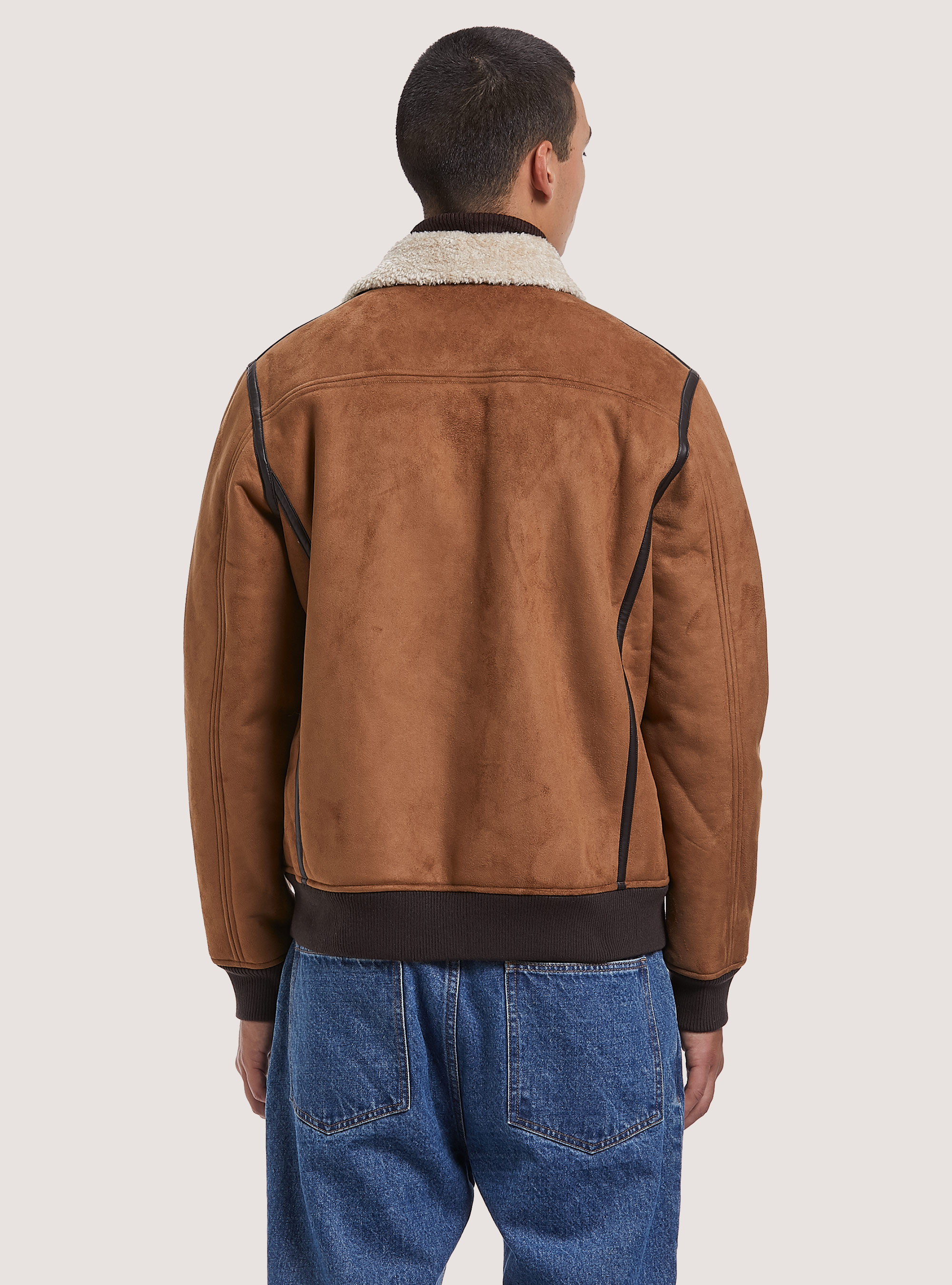 Giubbotto effetto suede con collo agnellato, TB1 TOBACCO DARK