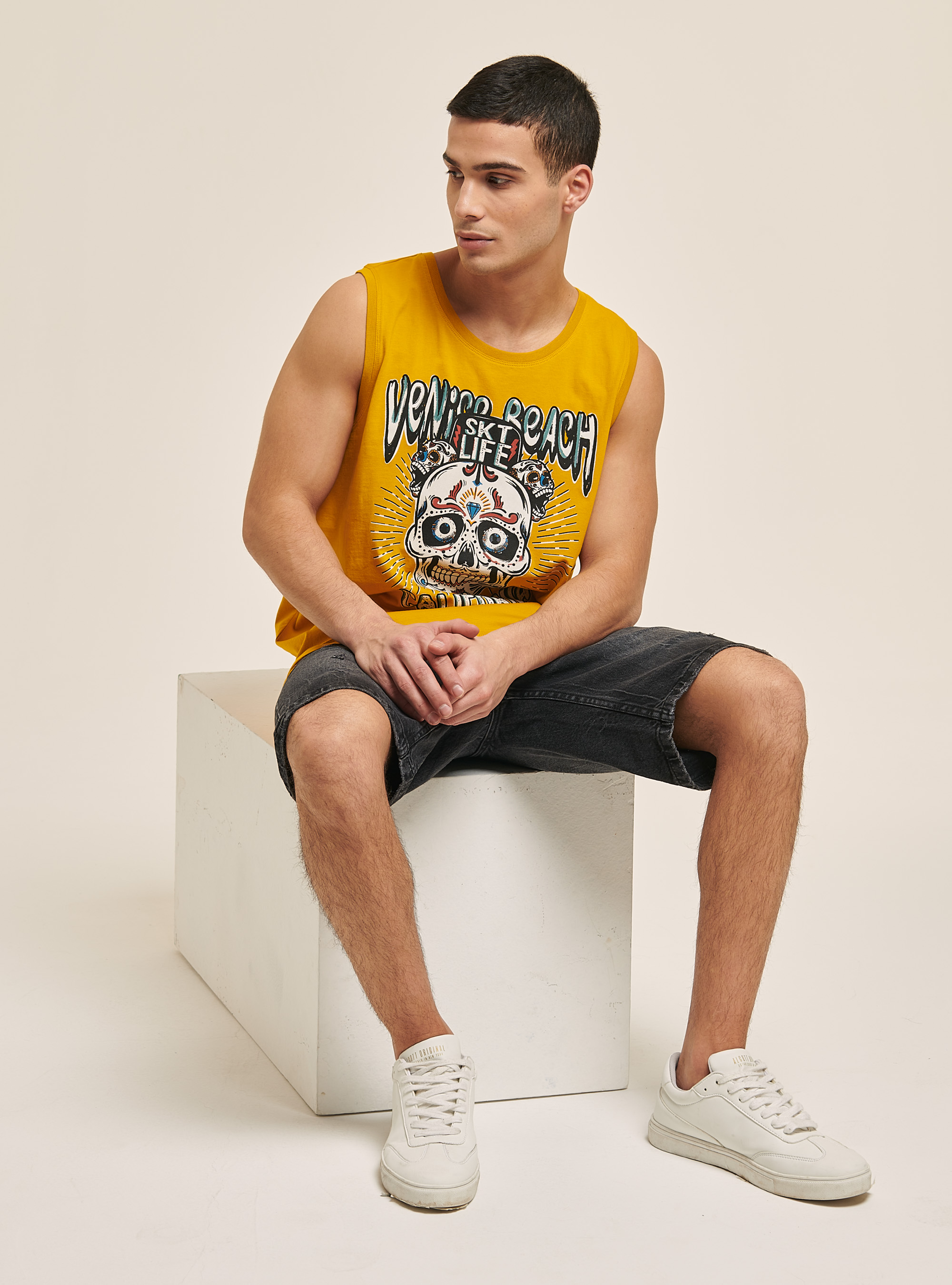 Cotton skull print tank top, YELLOW