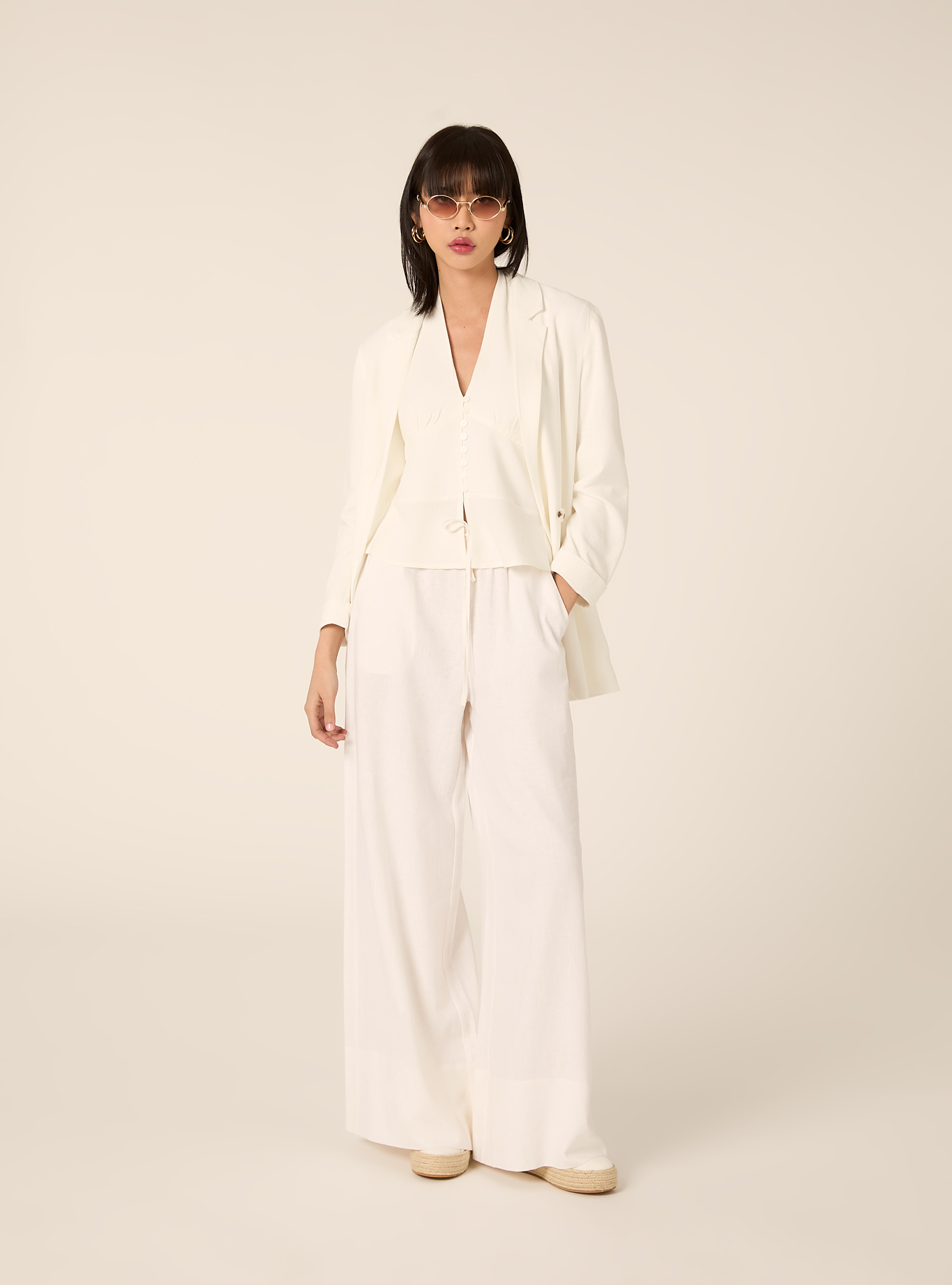 Pantaloni lunghi loose fit in misto lino, PANNA