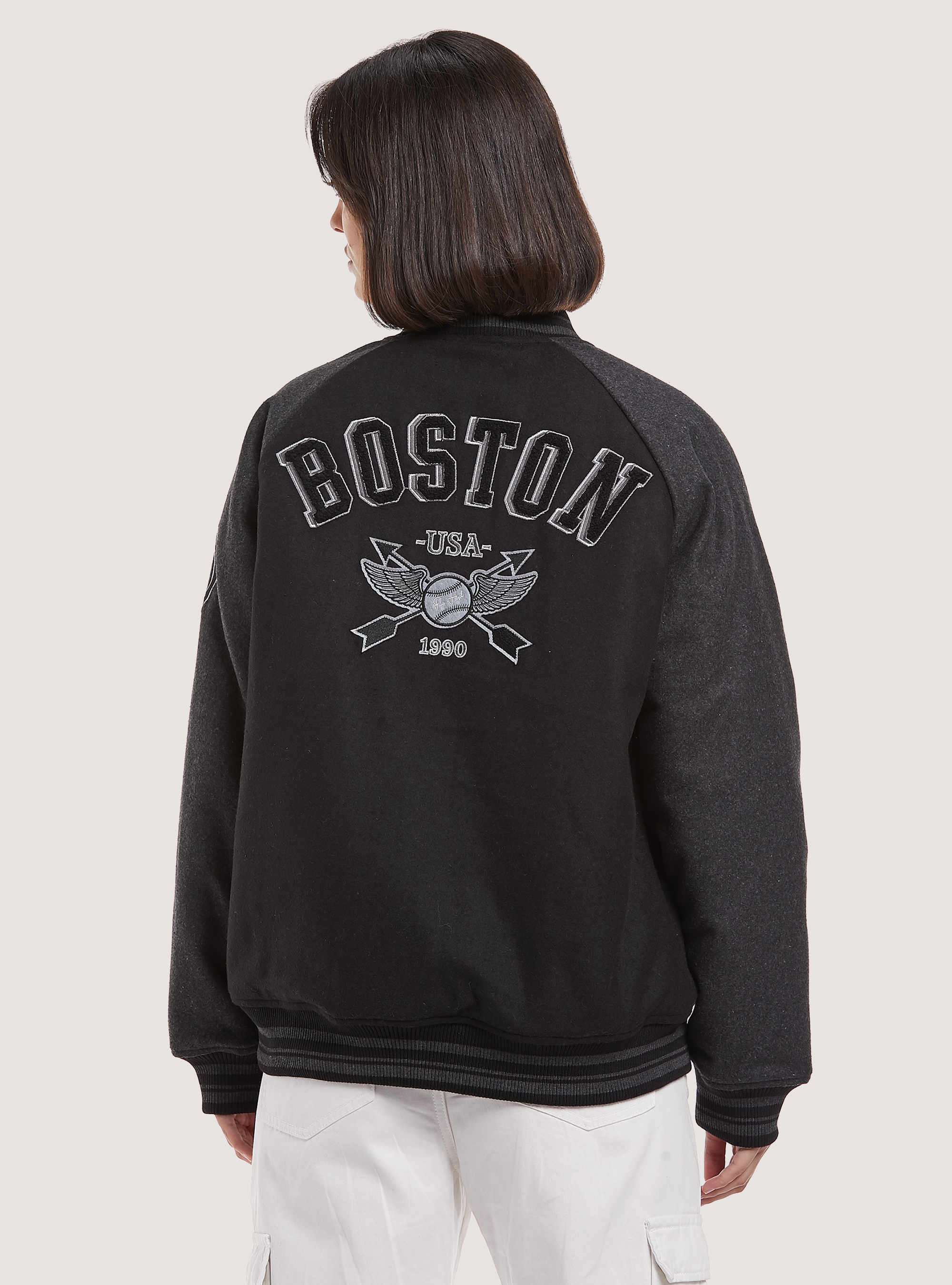 Chaqueta de bombardero universitaria con acolchado reciclado, BK1 BLACK