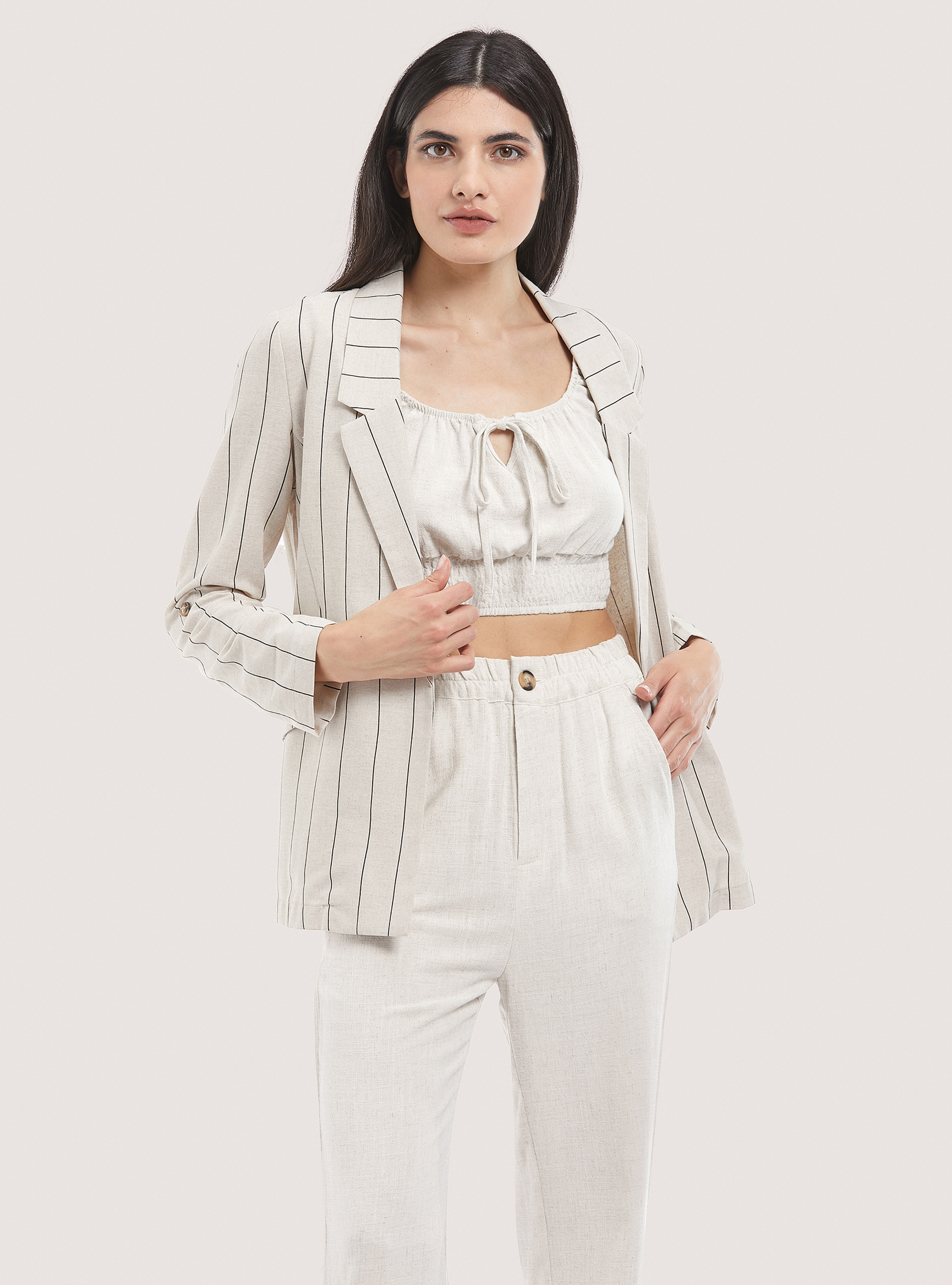 Blazer de rayas en mezcla de lino, MULTICOLORE