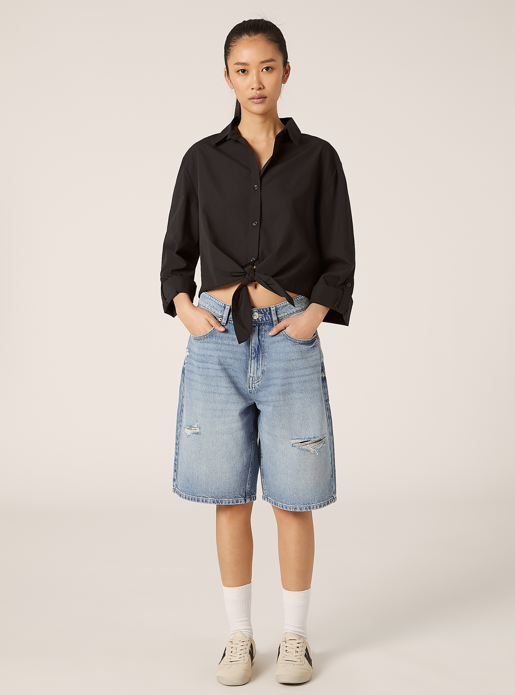 Poplin shirt with knot, BK1 BLACK