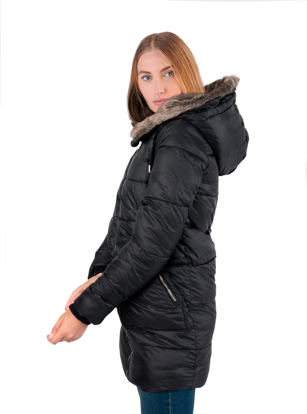 Piumino lungo hood in fake fur, BLACK