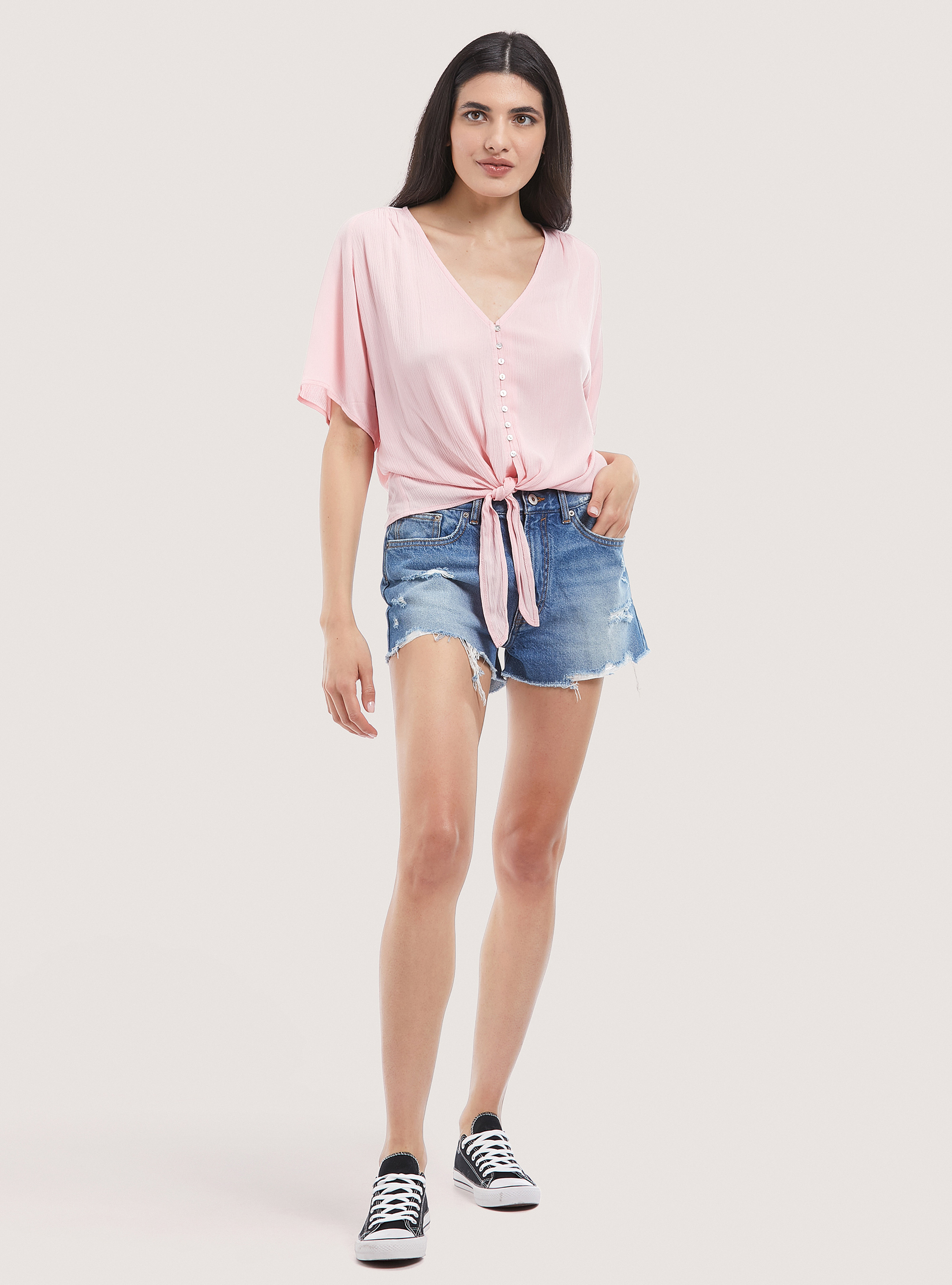 Solid colour v-neck shirt with waist knot, C4400 PINK