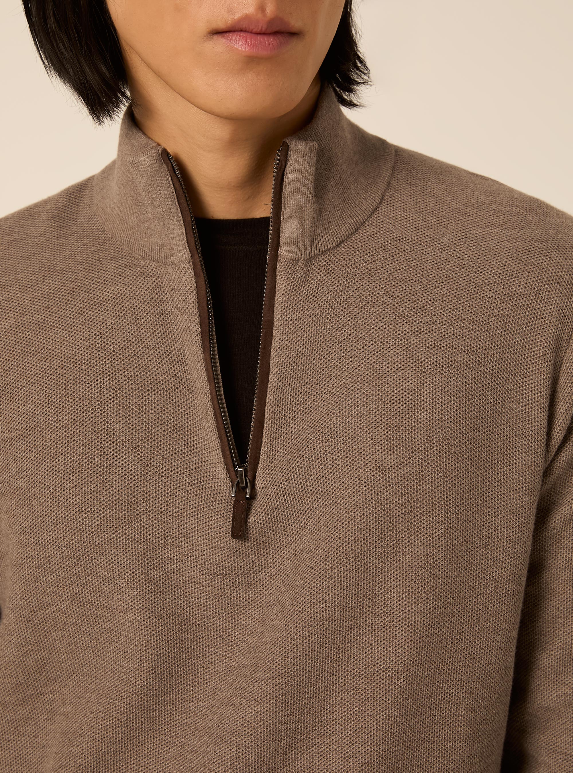 Half zip pullover aus kaschmirmischung mit stehkragen, MTB2 TOBACCO MEL MED