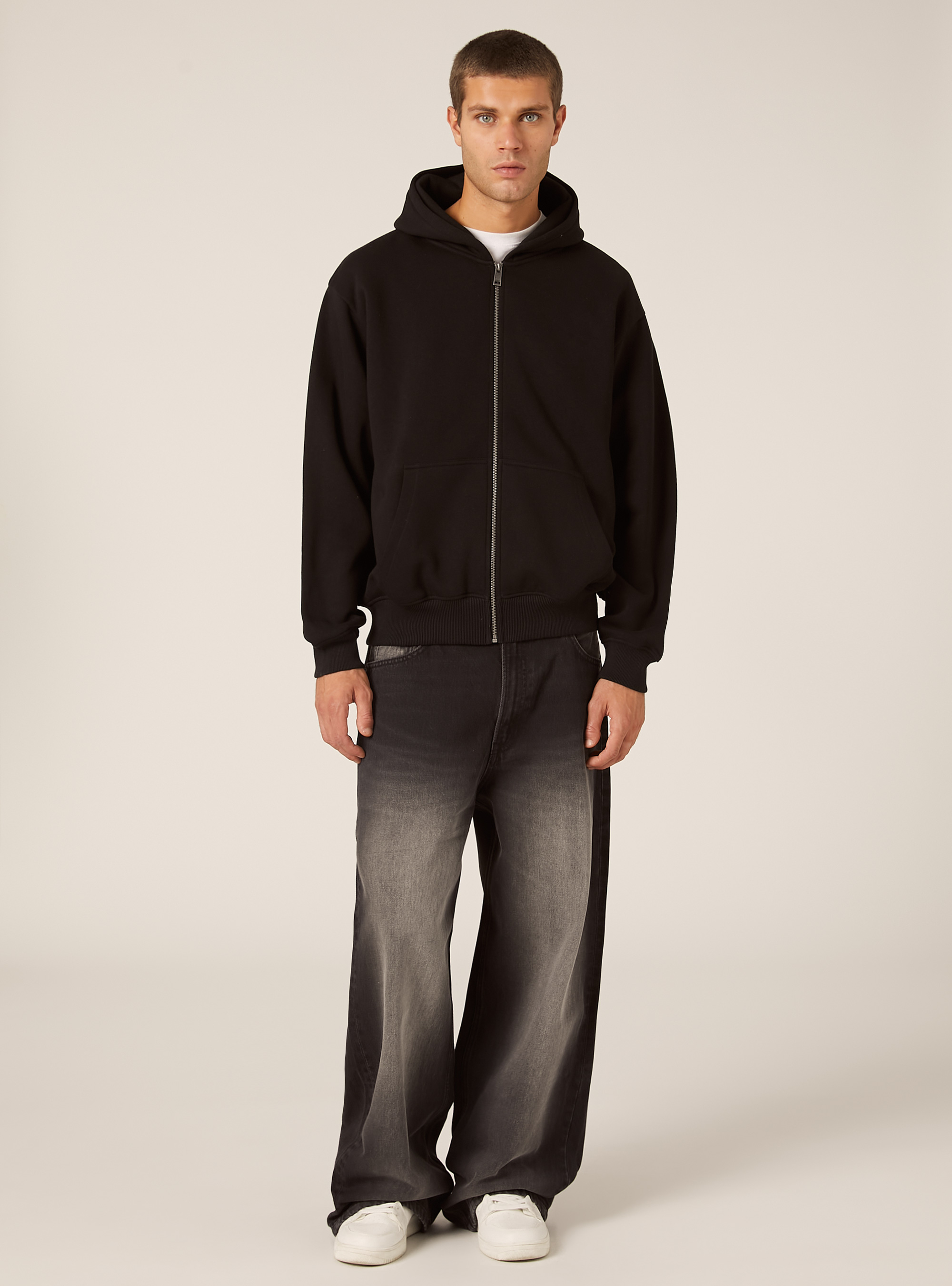 Boxy fit zip-up hoodie, BK1 BLACK