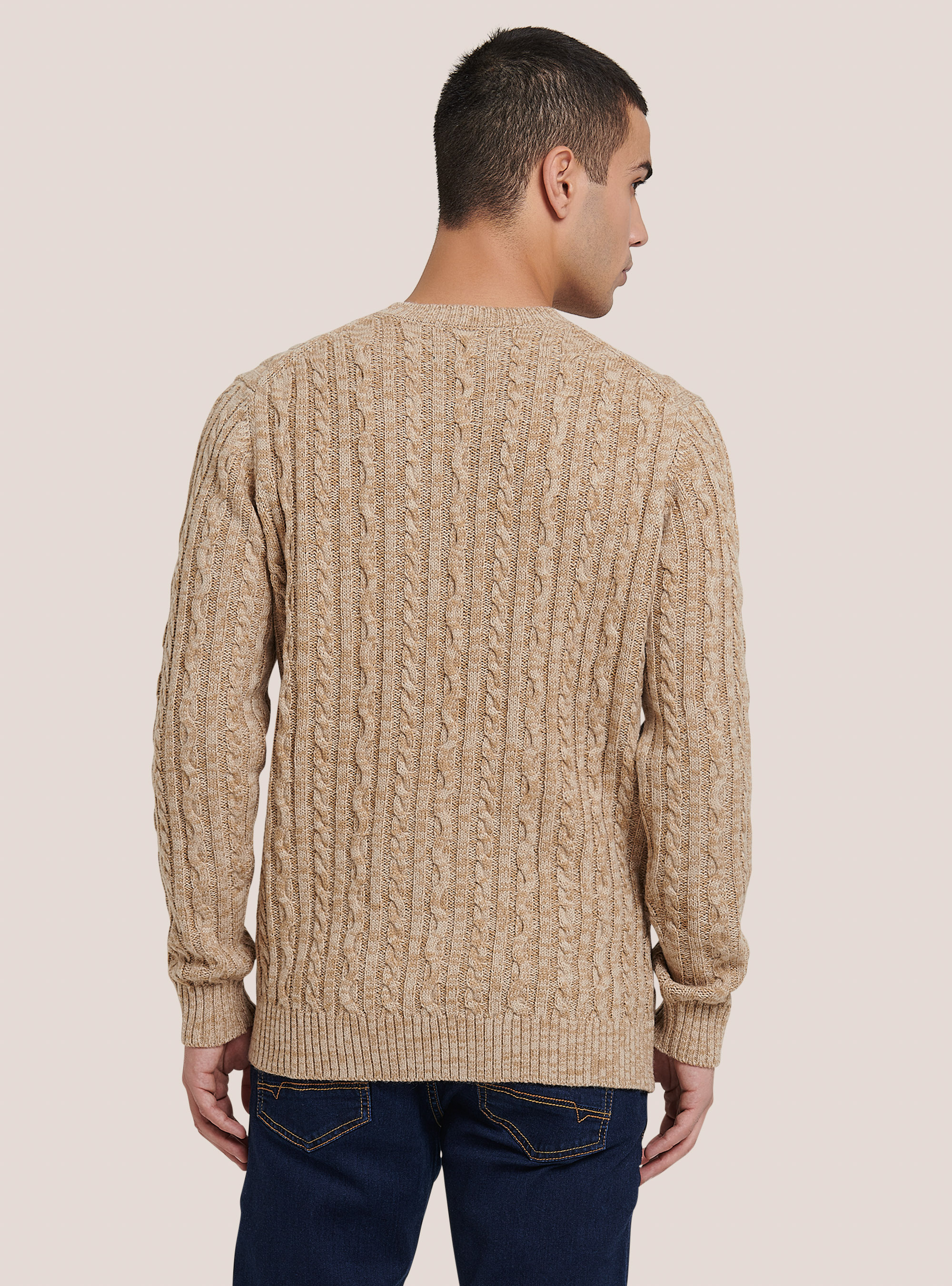 Pull &agrave; col ras du cou avec tresses, MBG2 BEIGE MEL MED