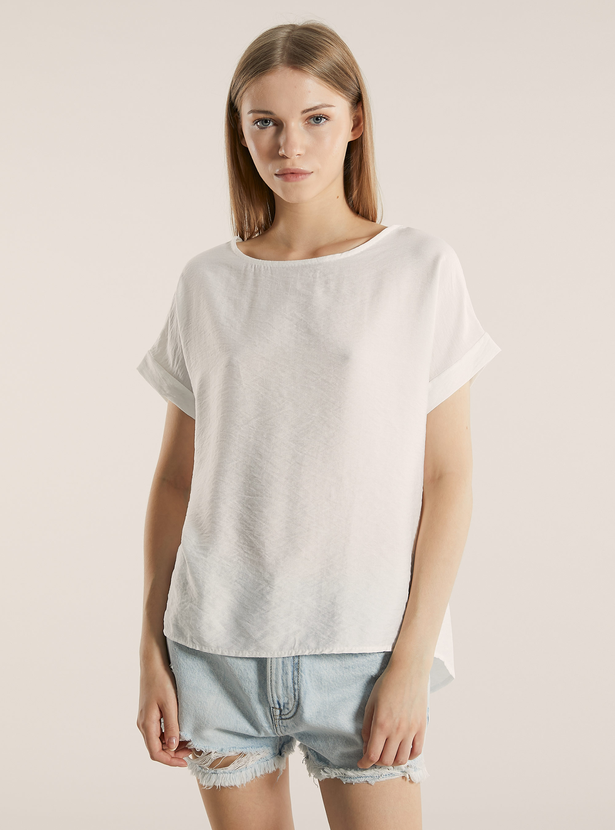 Blusa in canneté in tinta unita, WH2 WHITE