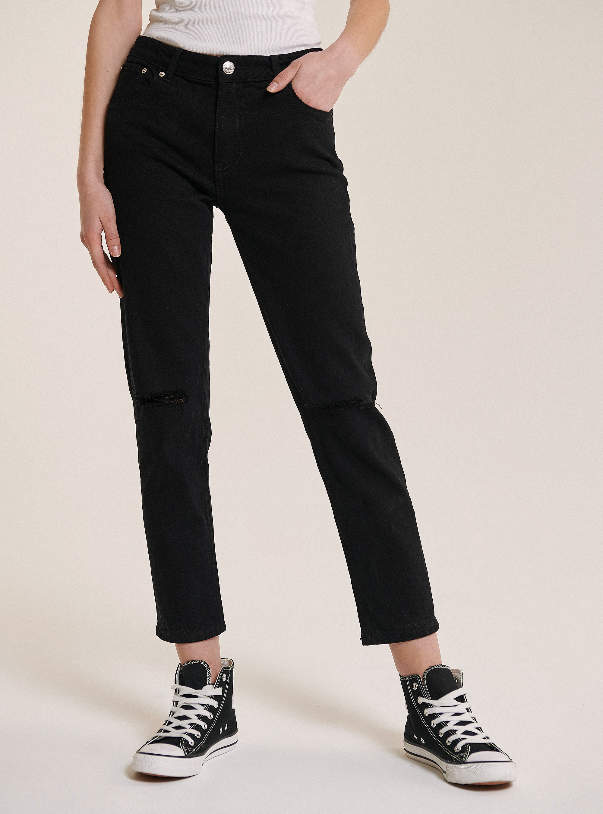 Pantalons twill stretch slim boyfriend, C101 BLACK