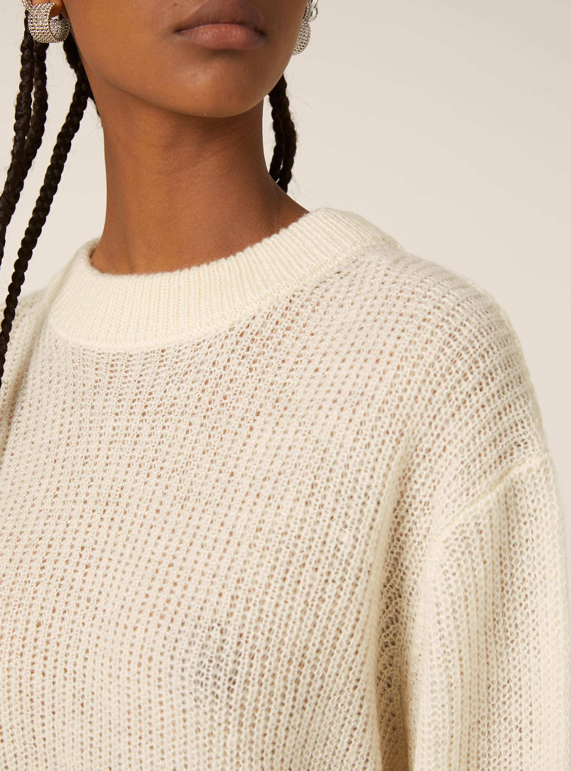 Pullover girocollo tinta unita, MWH1 WHITE MEL DARK