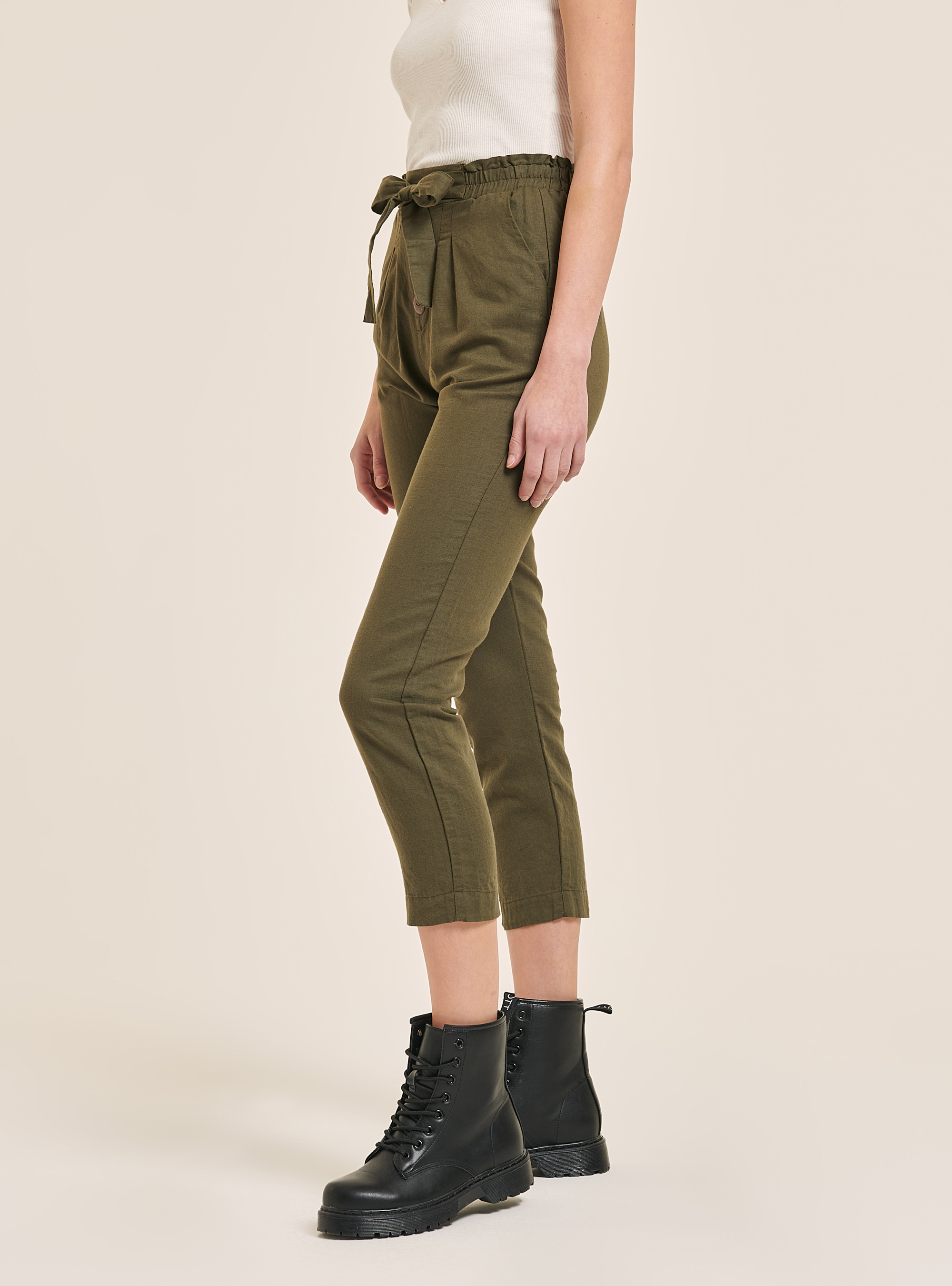 Pantaloni paperbag in misto lino, KAKI