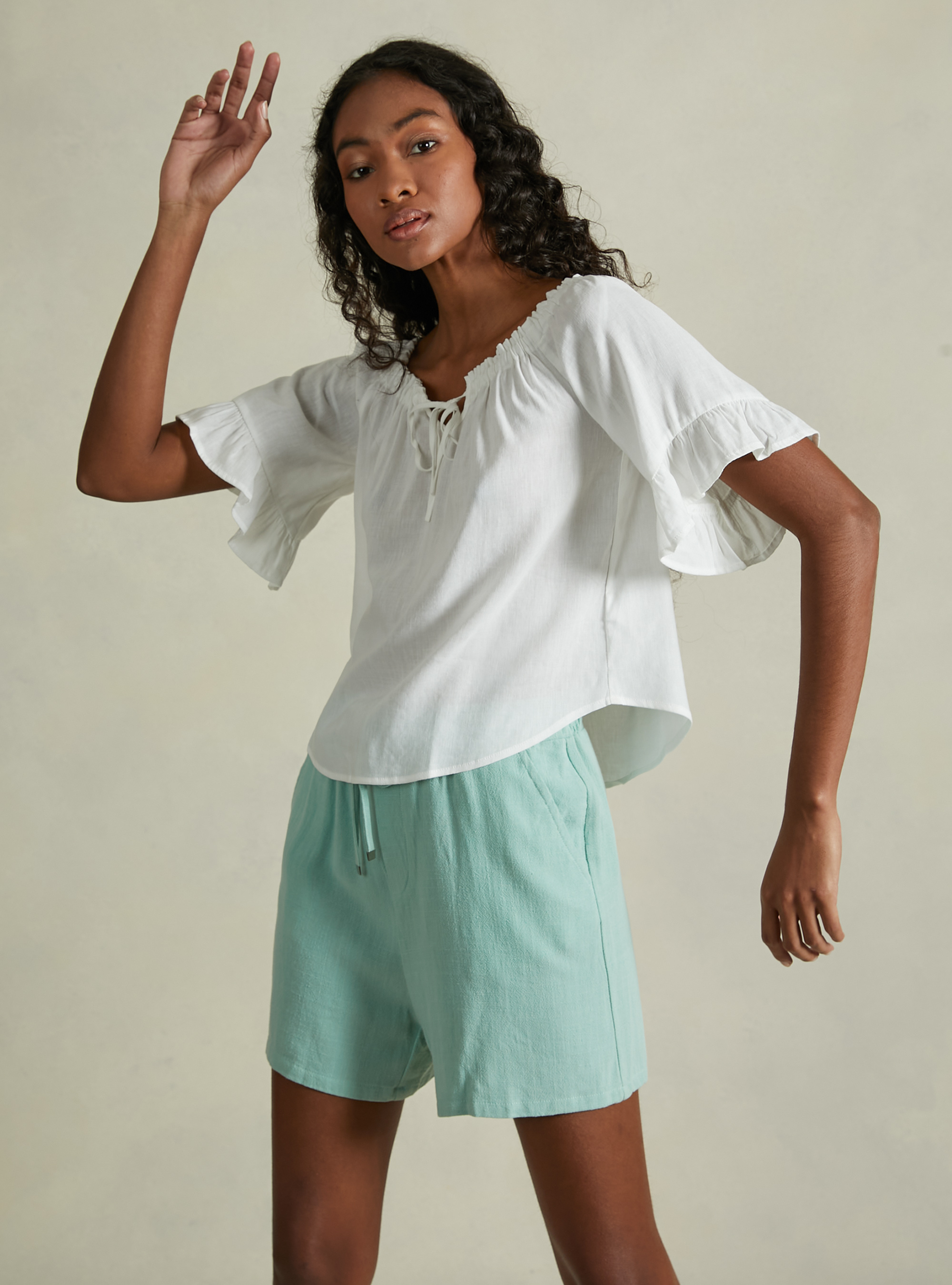 Linen blend blouse with bardot neckline, WH2 WHITE