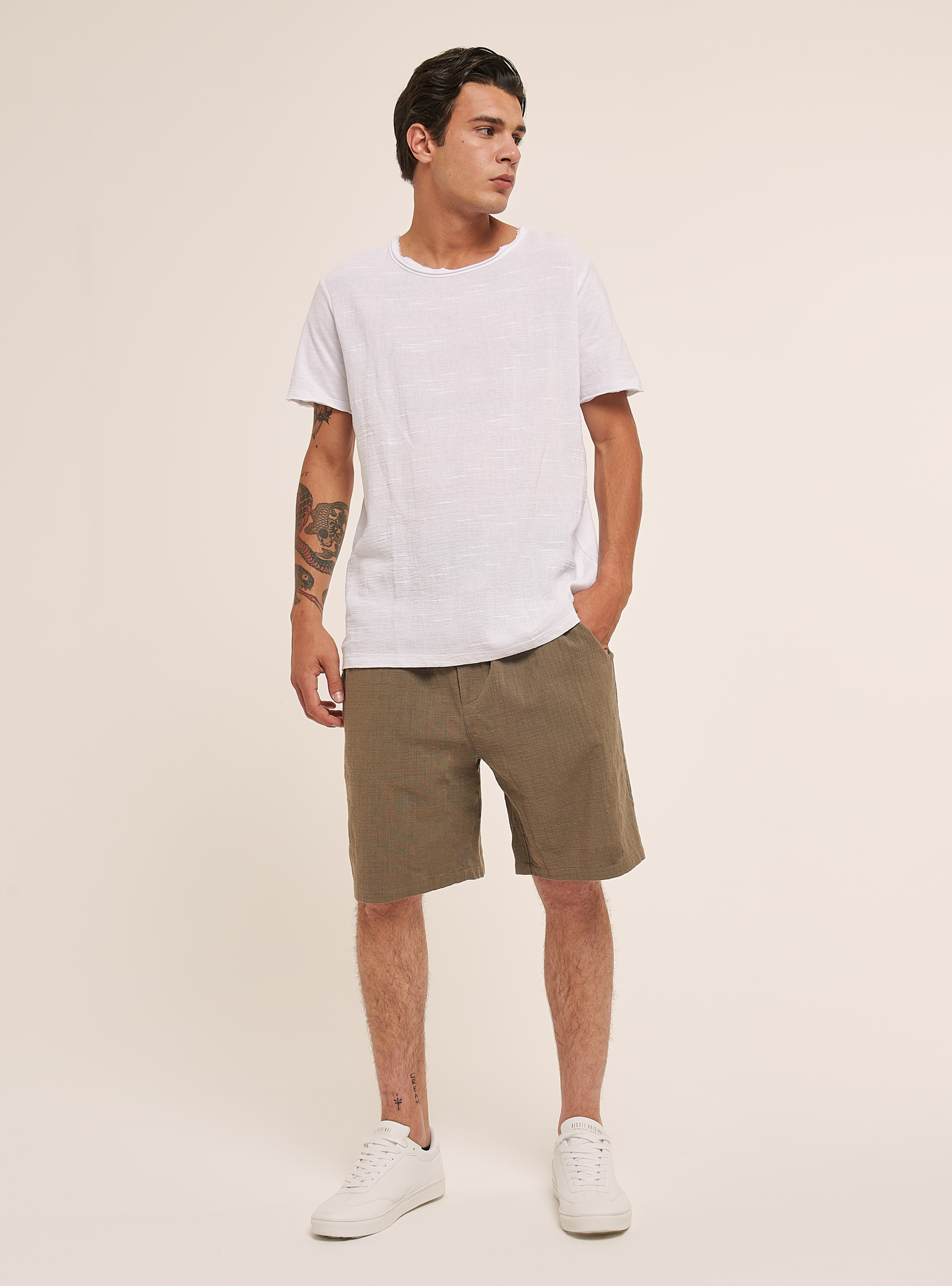 Linen-blend T-shirt in slub fabric, WHITE