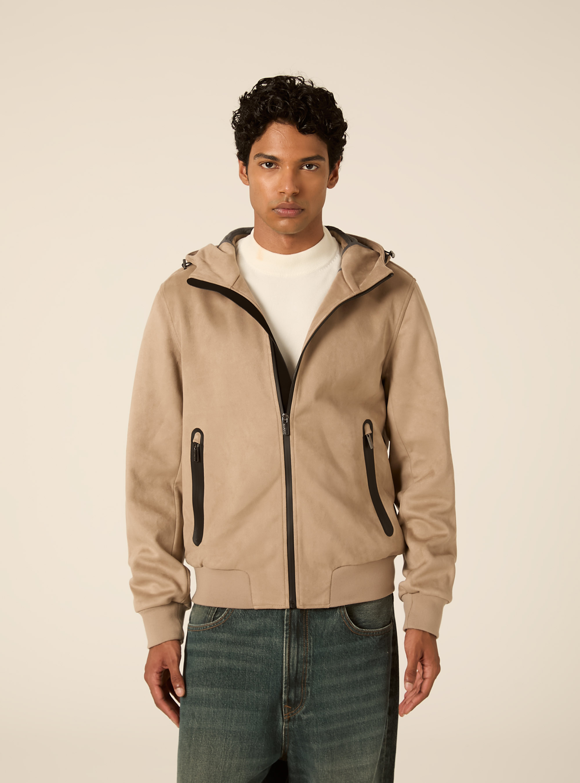 Giubbotto corto con cappuccio in suede, SA2 SAND MEDIUM