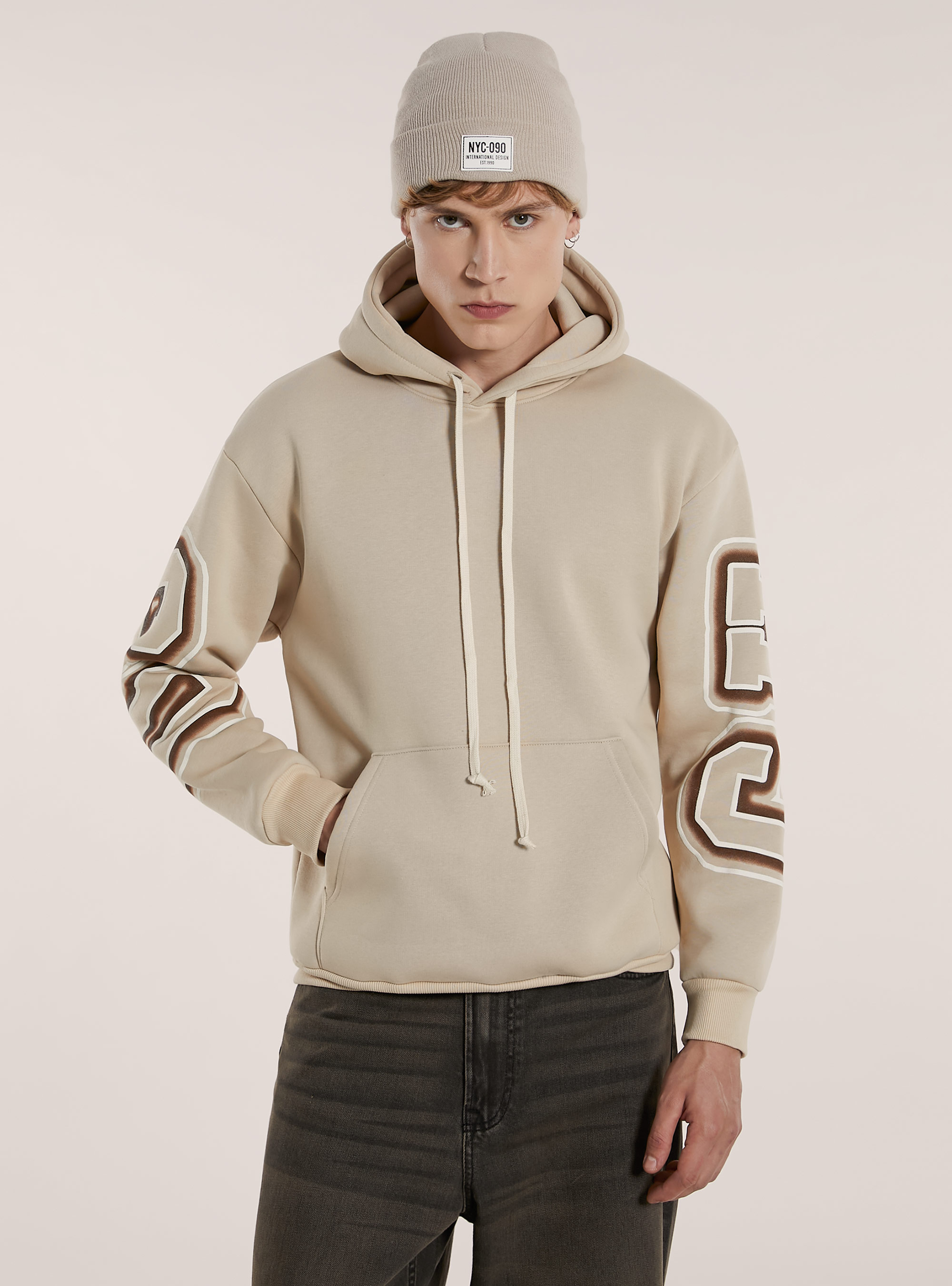 Felpa con cappuccio e stampa chicago, BG3 BEIGE LIGHT