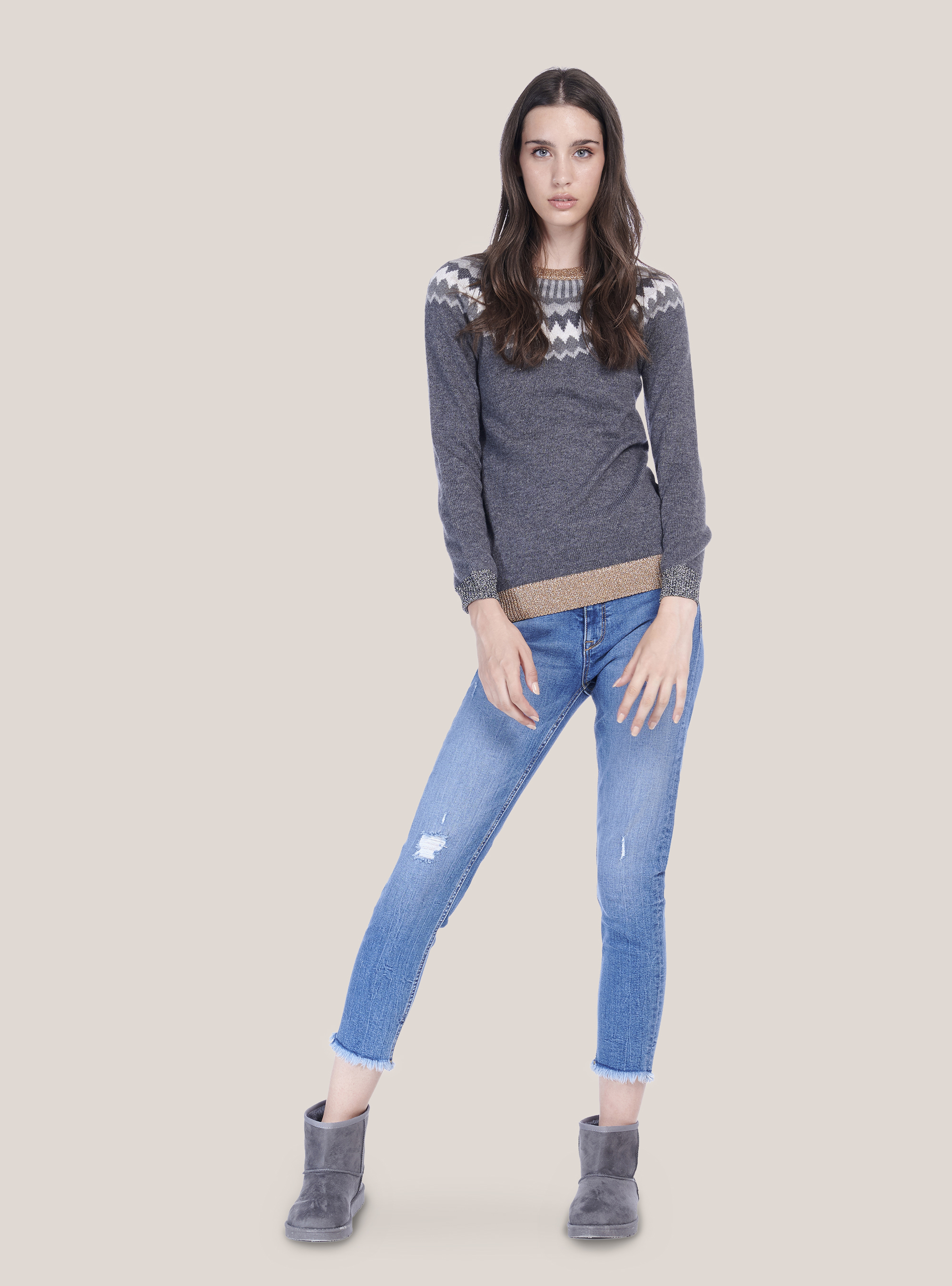 ROUNDNECK PULLOVER WITH JACQUARD GRAPHICS, GREY MELANGE