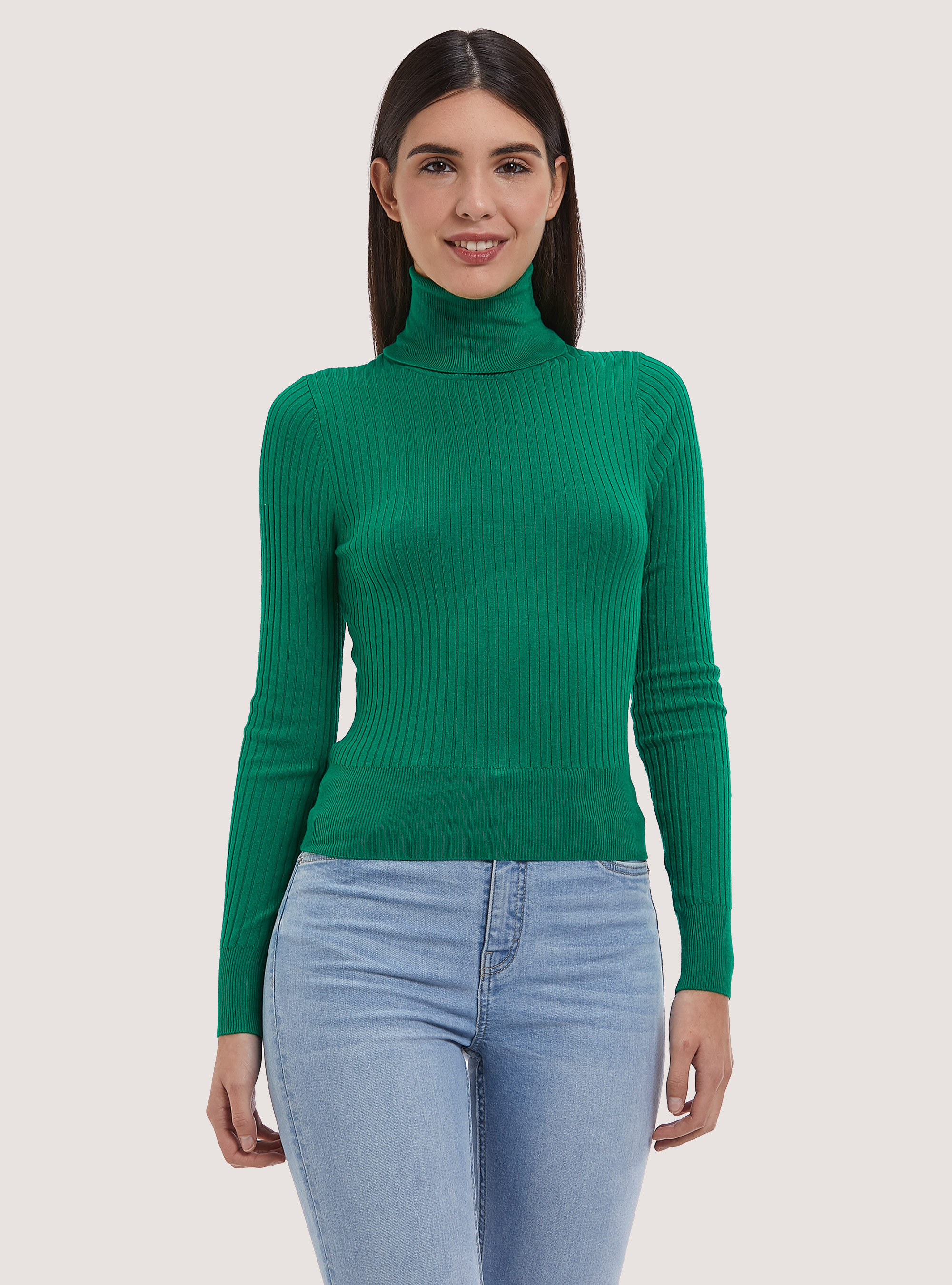 Pullover cropped a collo alto a coste, GN2 GREEN MEDIUM