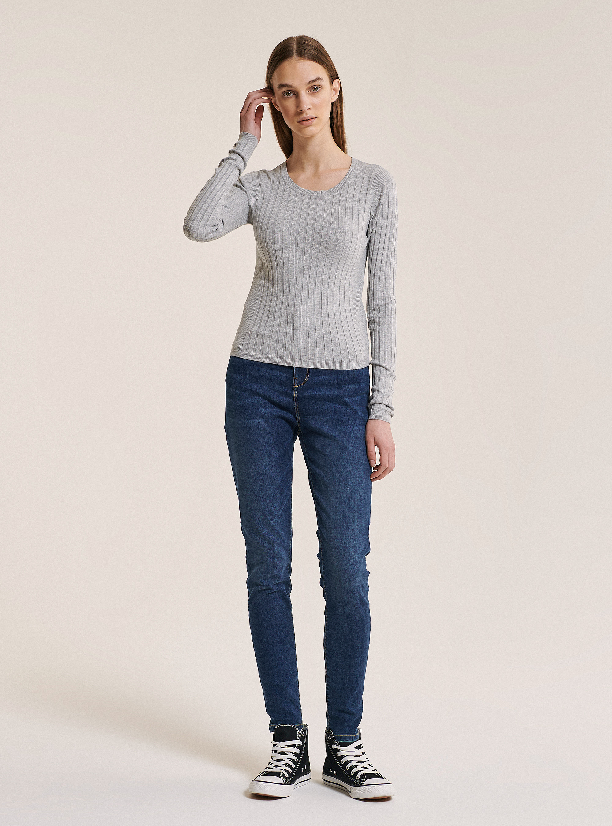 Cropped ribbed pullover, C1115 GREY MEL