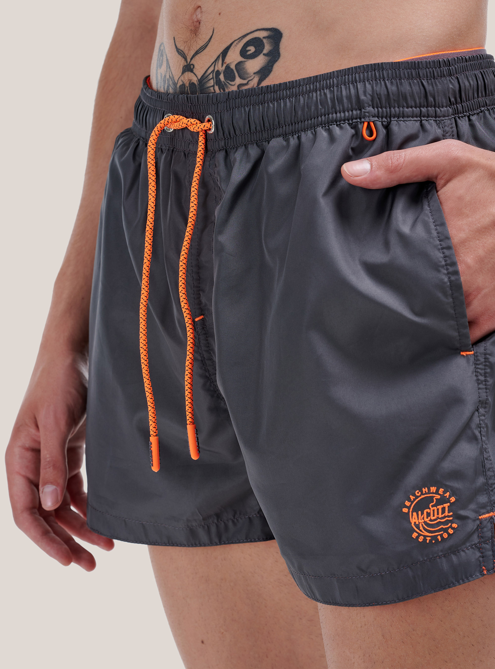 Color solid swimsuit with front embroidery and back pocket., GREY