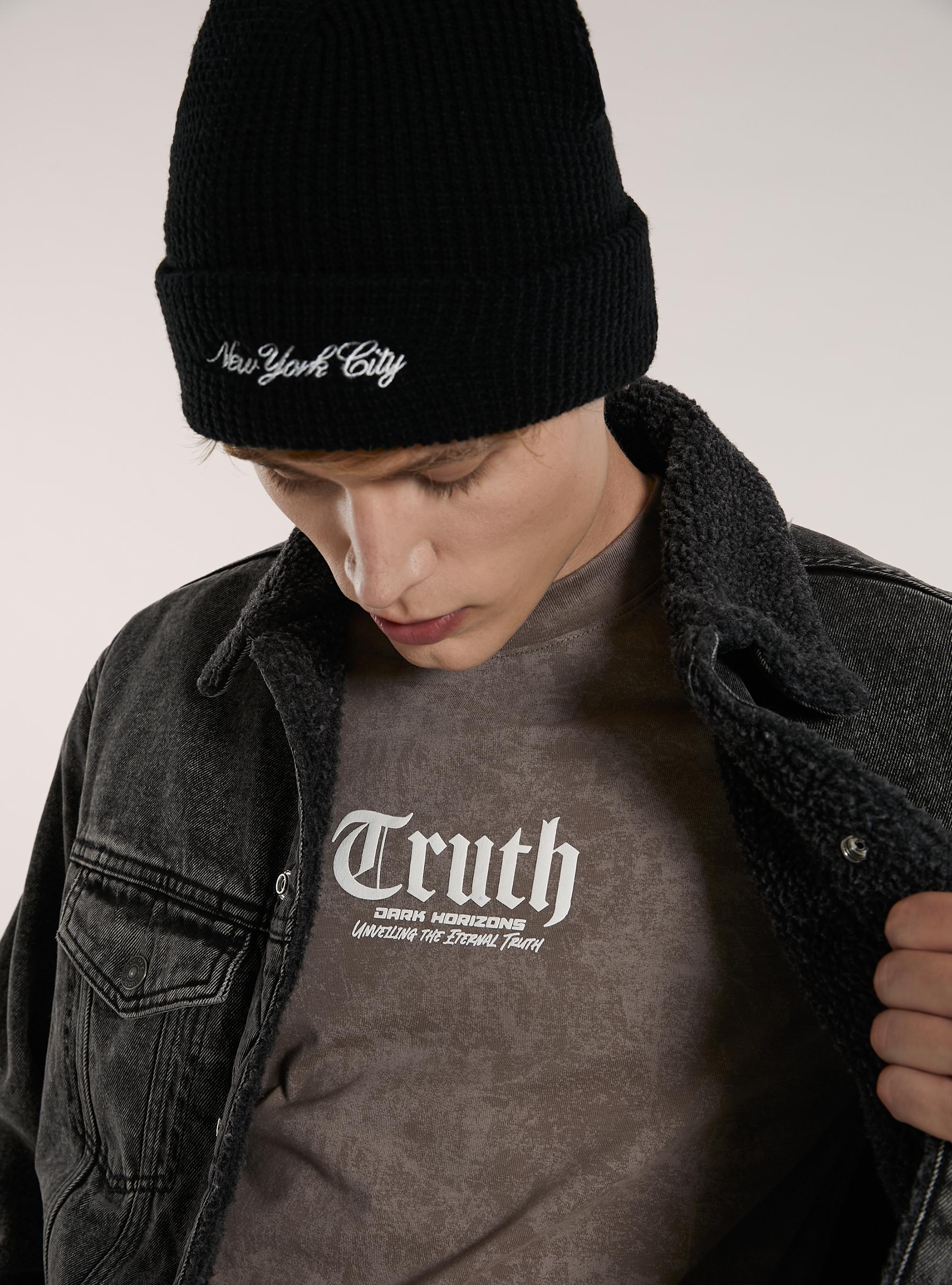 Veste en peau de mouton en denim double face, D000 BLACK