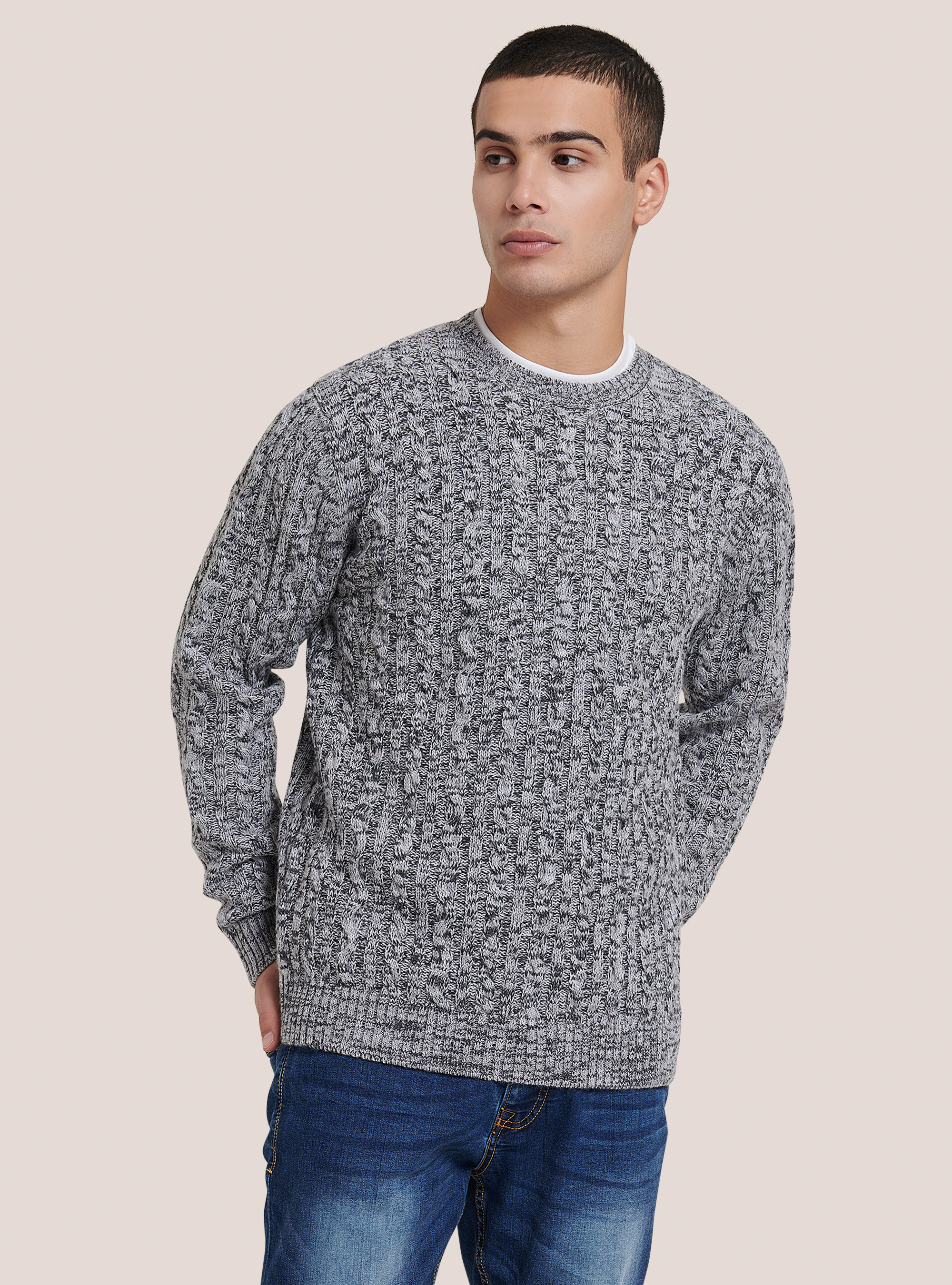 Crew-neck pullover with braids, MGY1 GREY MEL DARK