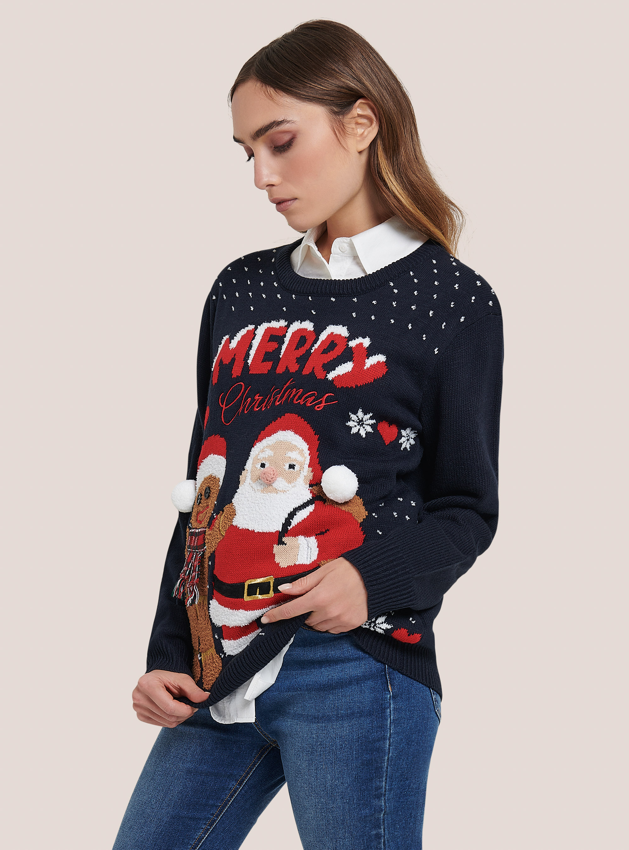 Christmas pullover with gingerbread man and Santa Claus, BLUE NAVY