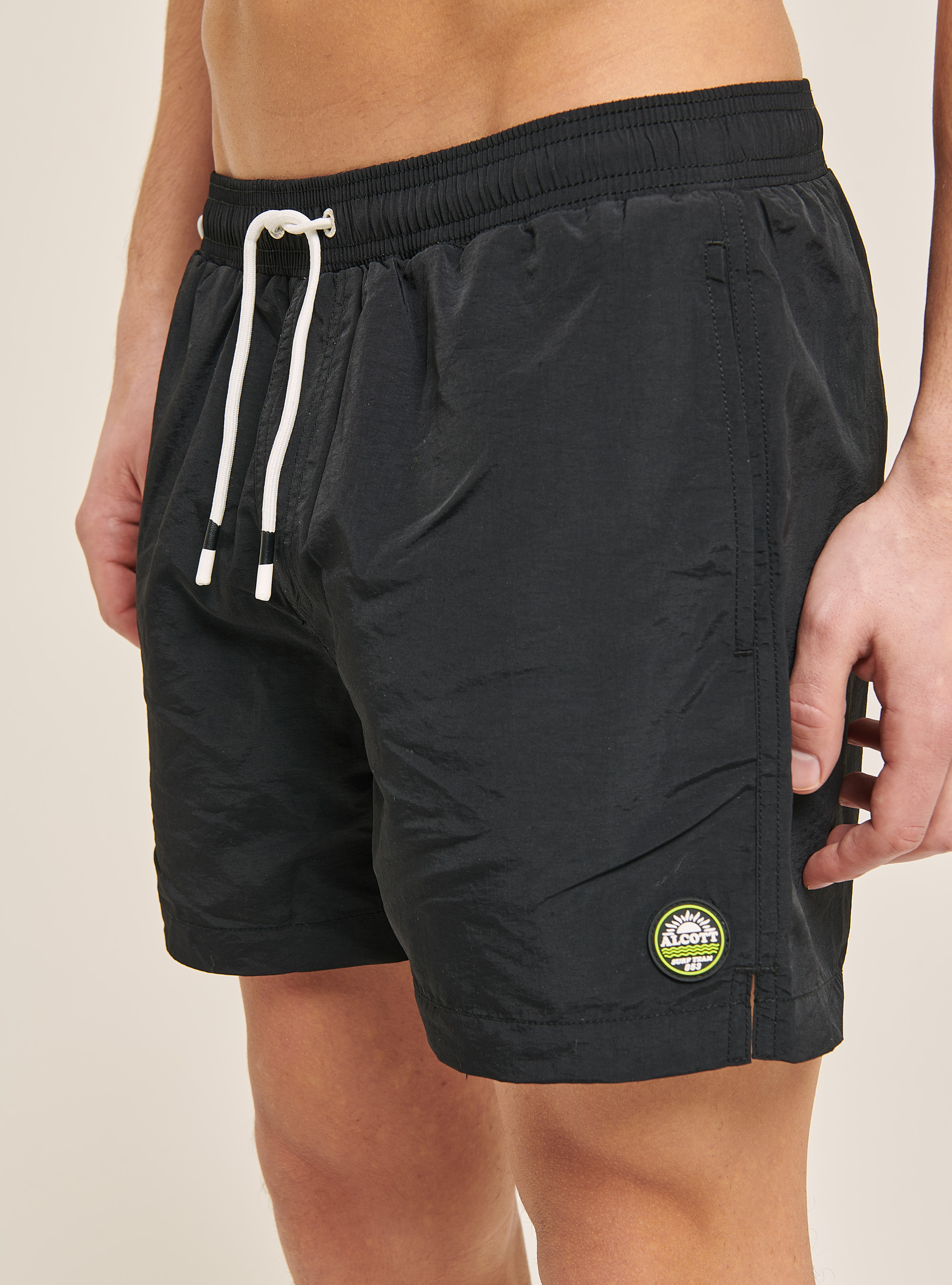 Plain-coloured swimming costume with embroidery and back pocket, BLACK