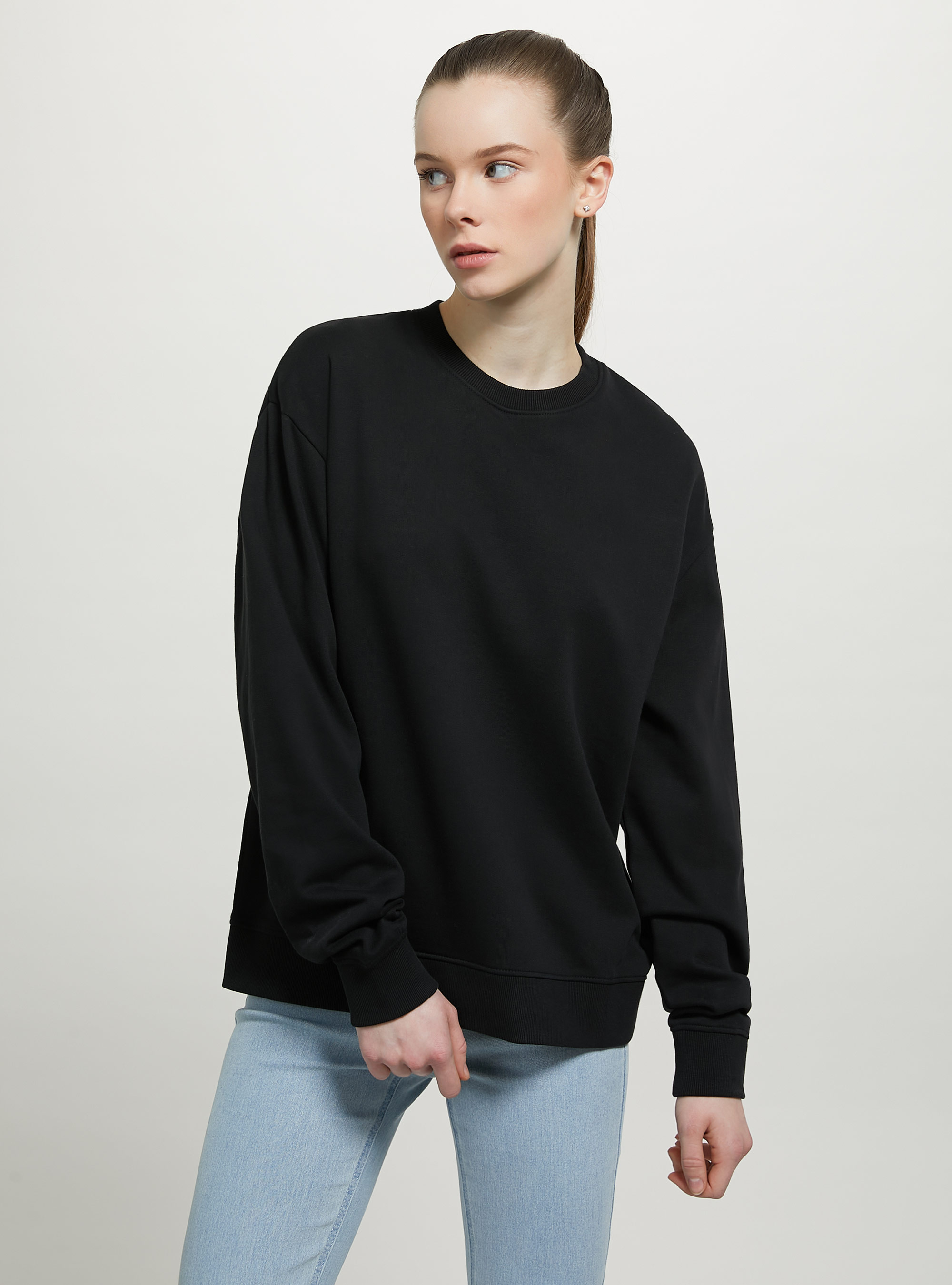 Felpa girocollo in cotone in tinta unita, BK1 BLACK