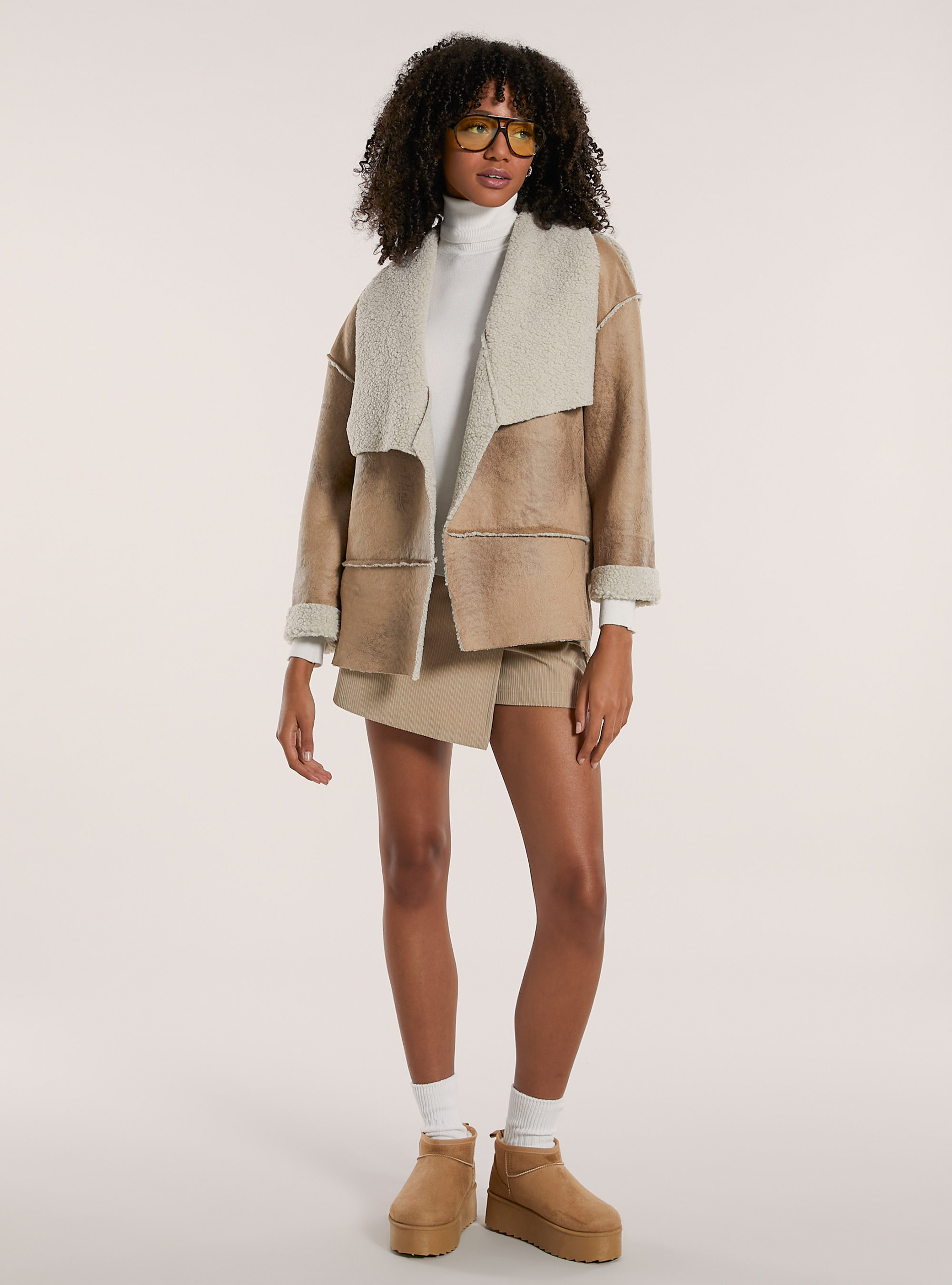 Giacca montone effetto pelle double face, BG2 BEIGE MEDIUM