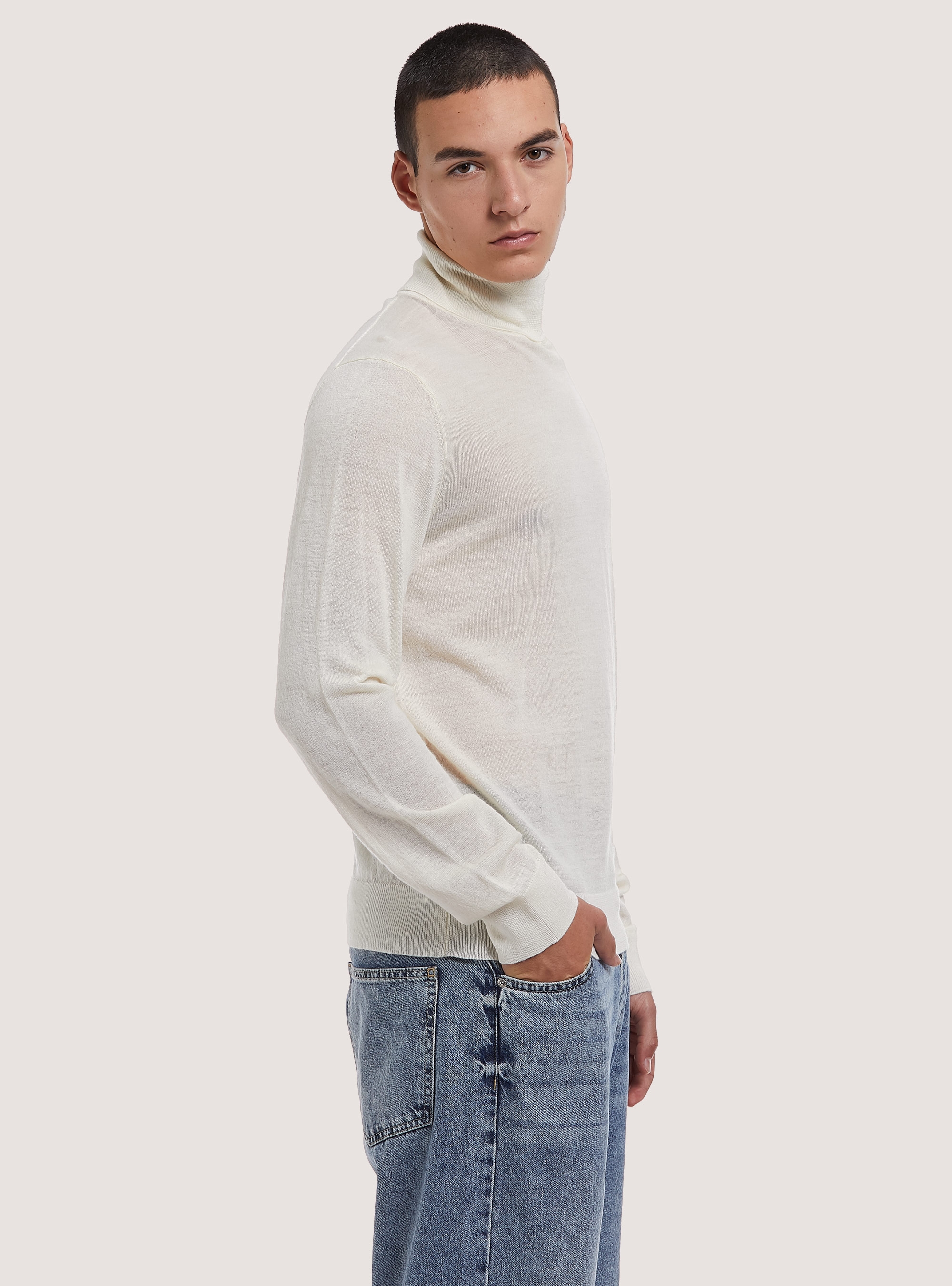 Pullover collo alto  100%  lana merinos, WHITE