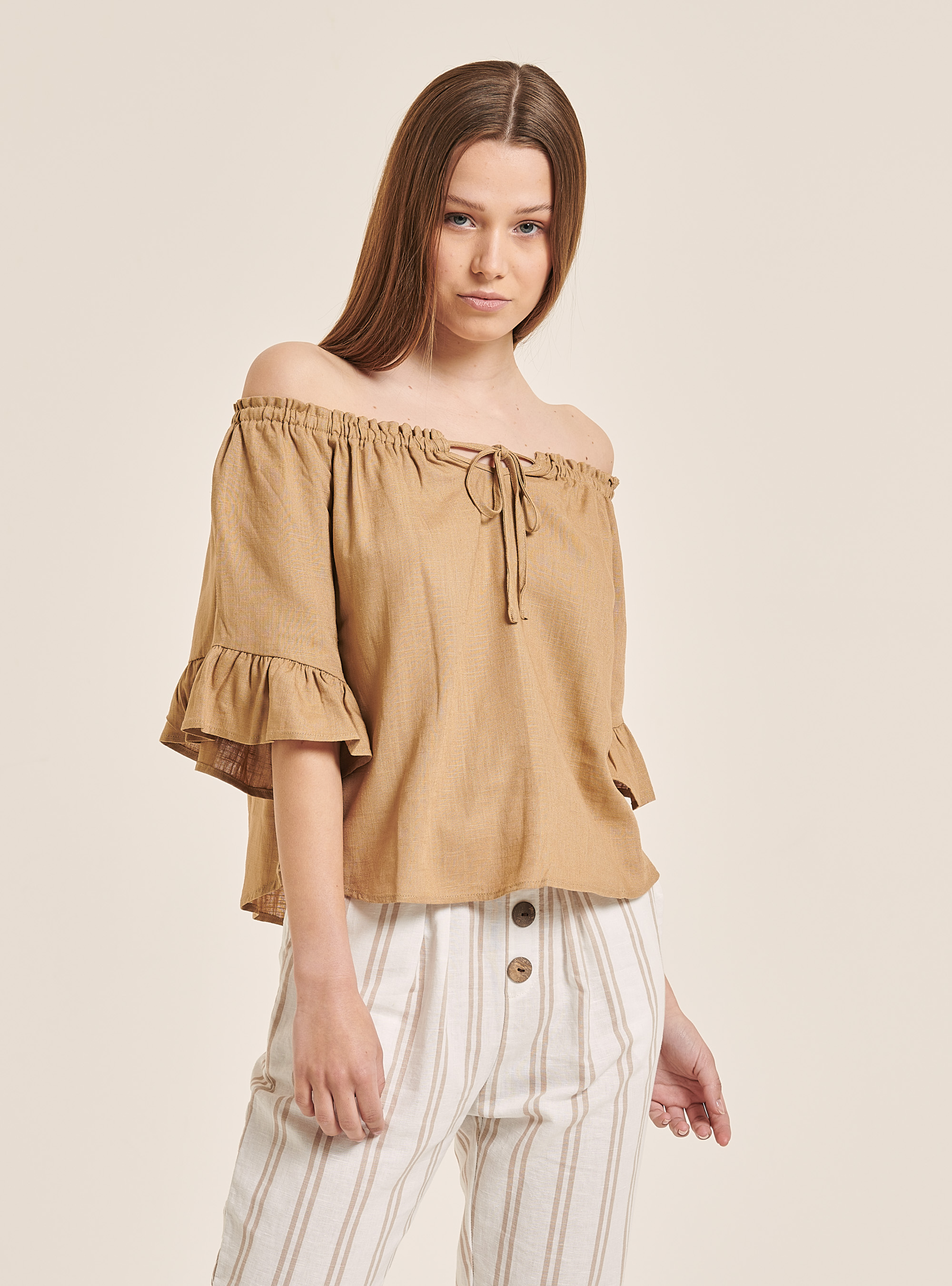 Linen blend blouse with bardot neckline, WHITE