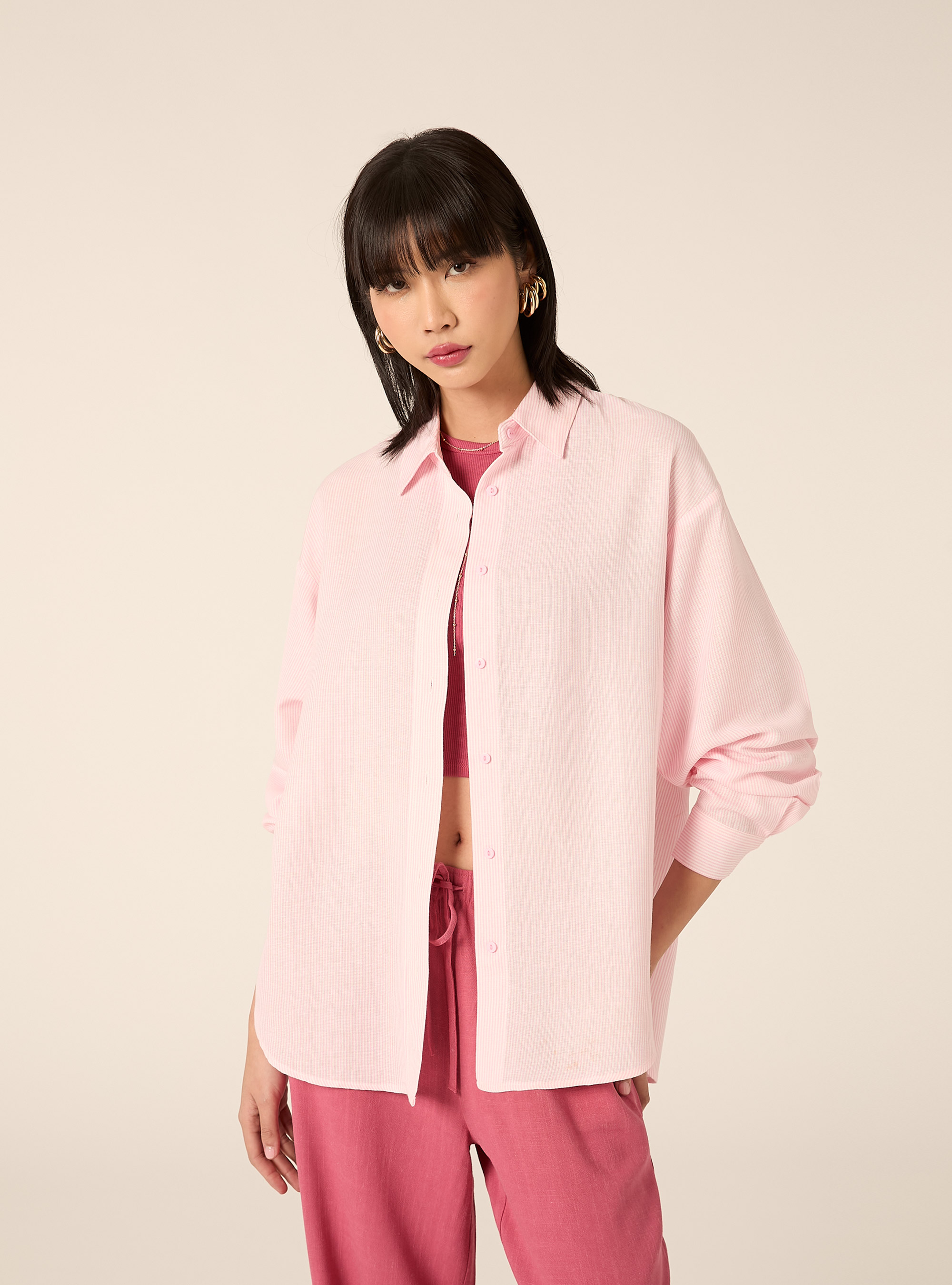 Camicia a righe in misto lino, PK2 PINK MEDIUM
