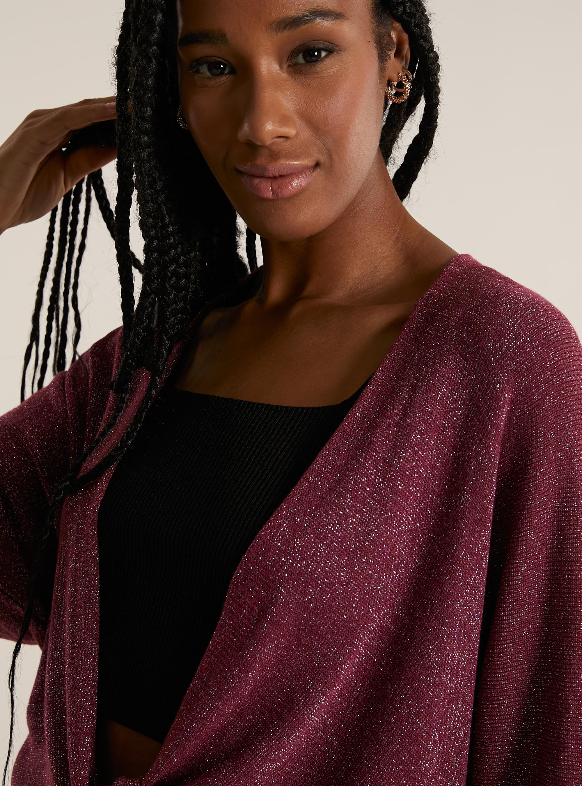 Cardigan lurex aperto con nodo, BO1 BORDEAUX DARK