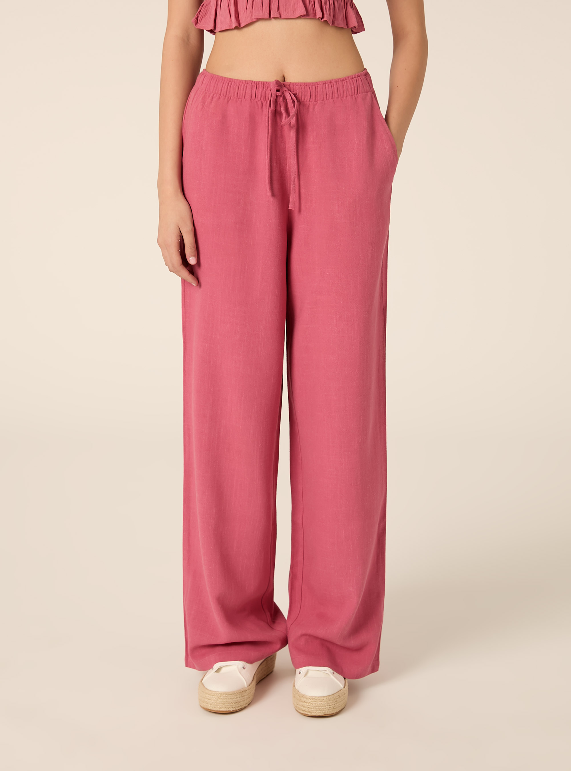 Pantaloni wide leg in misto lino, PK1 PINK DARK