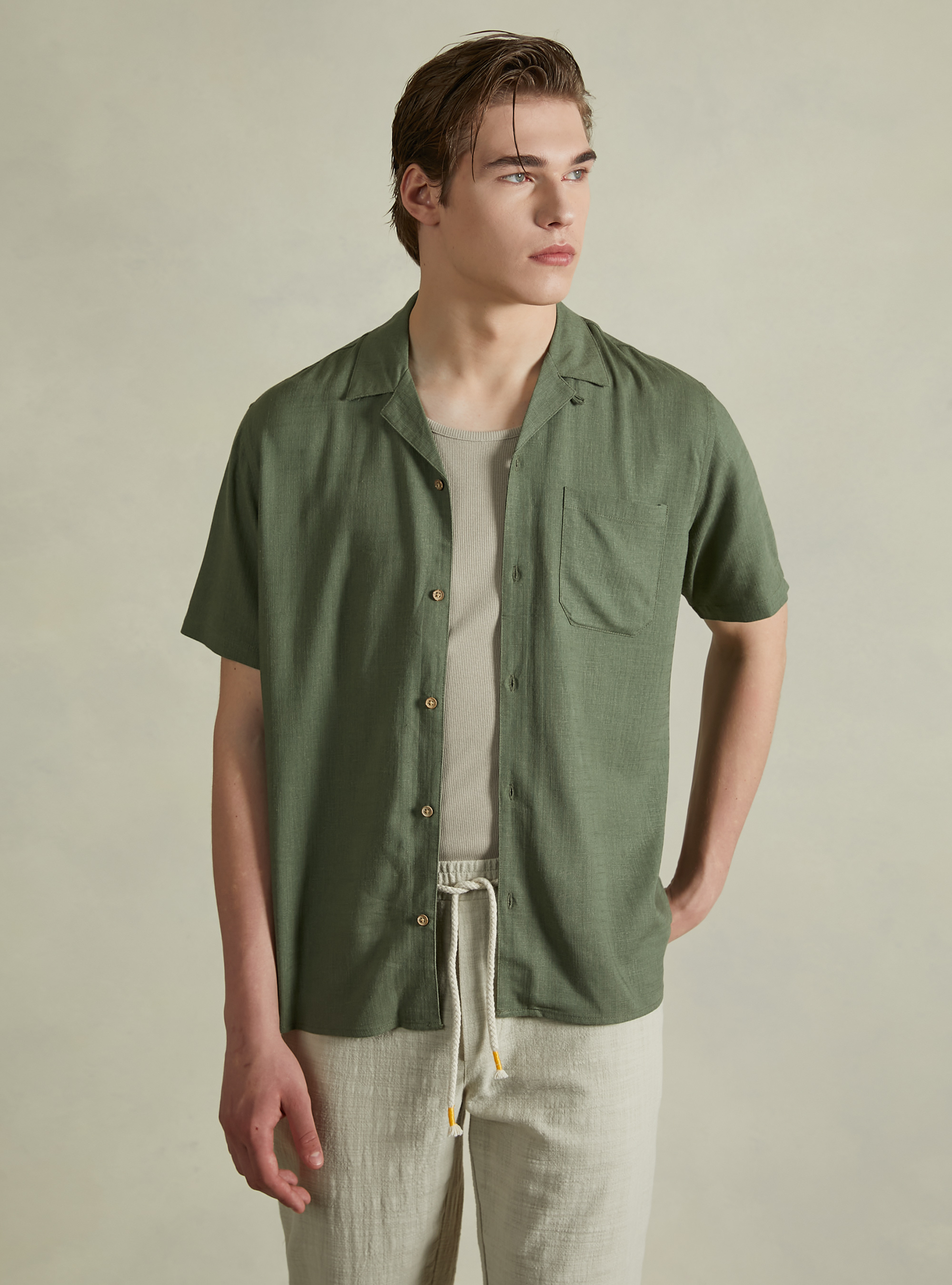 Chemise en lin m&eacute;lang&eacute; avec col bowling, KY2 KAKY MEDIUM