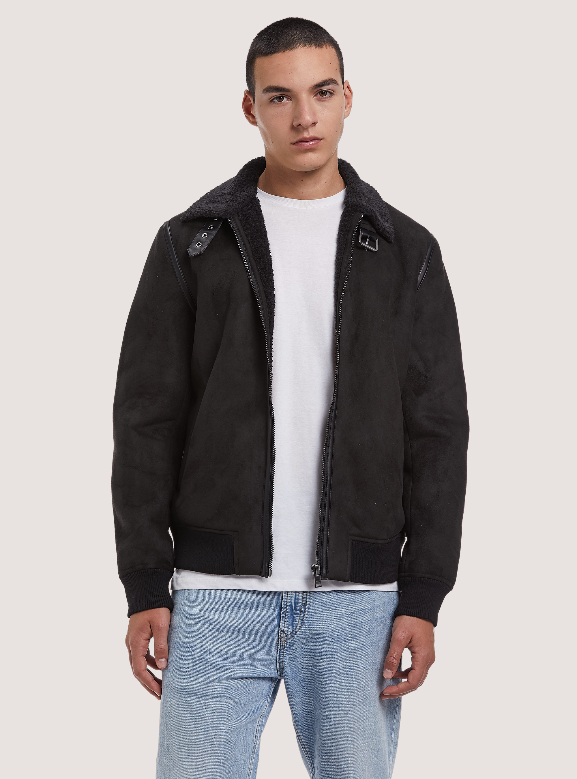 Giubbotto effetto suede con collo agnellato, BK1 BLACK