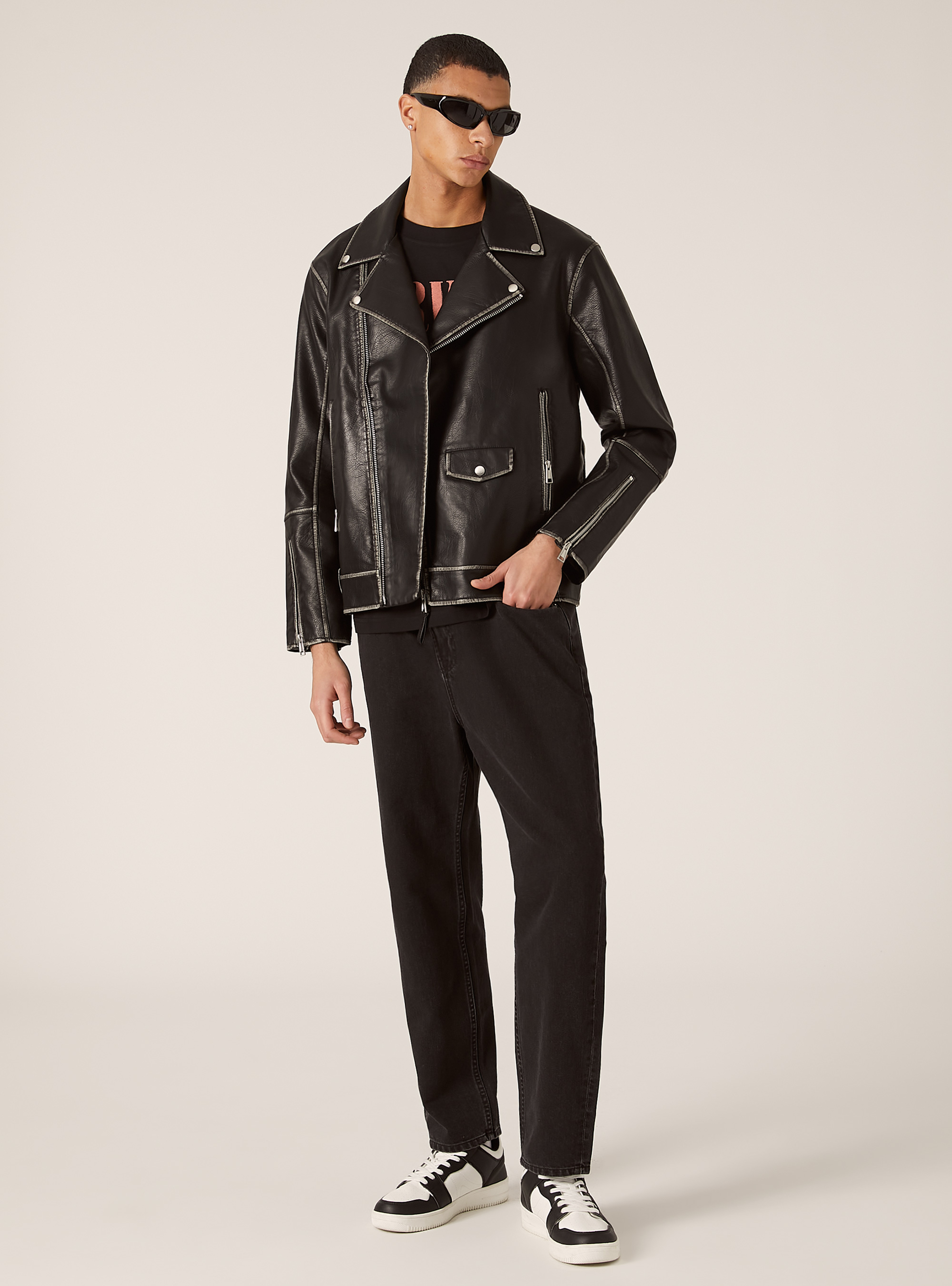 Vintage effect biker jacket, BK1 BLACK