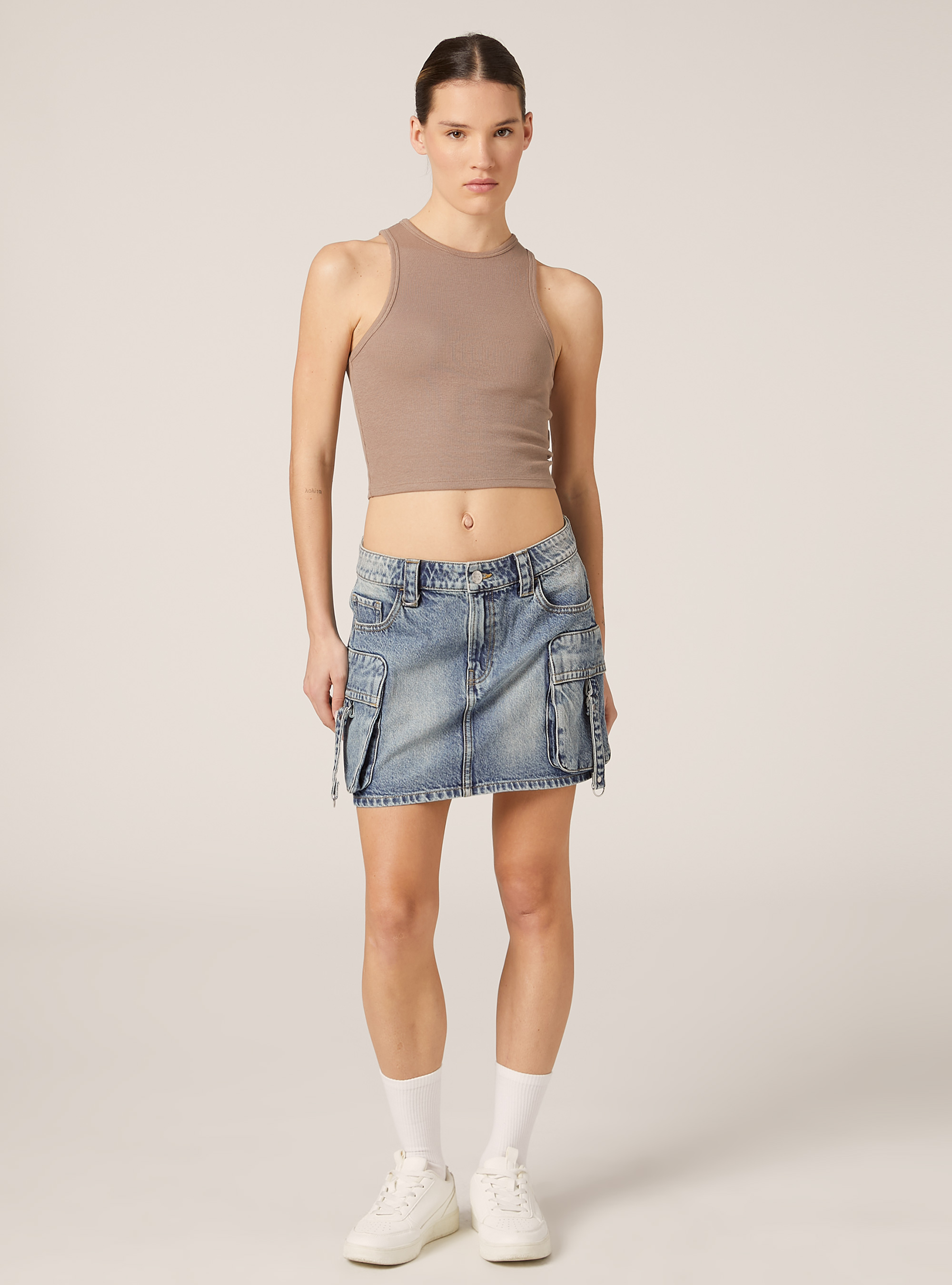 Cropped tank top in rib, BR3 BROWN LIGHT